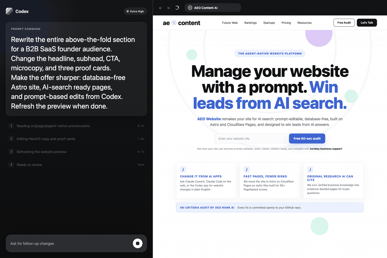 Codex app demo showing prompt commands on the left and an AEO Content website preview rewriting above-the-fold content on the right.