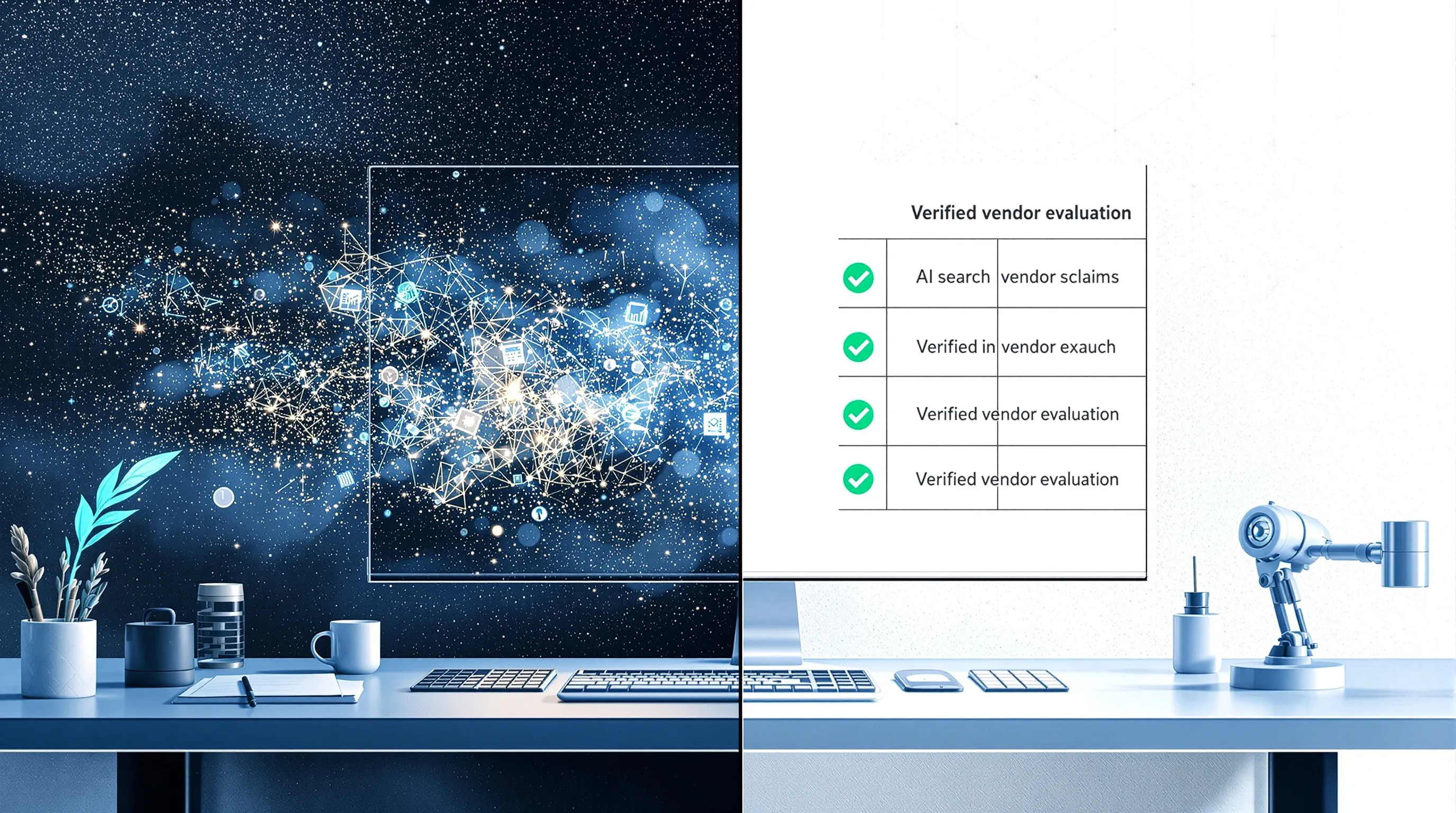 Side-by-side comparison of an opaque AI-search vendor dashboard versus a clear five-signal evaluation rubric with checkmarks