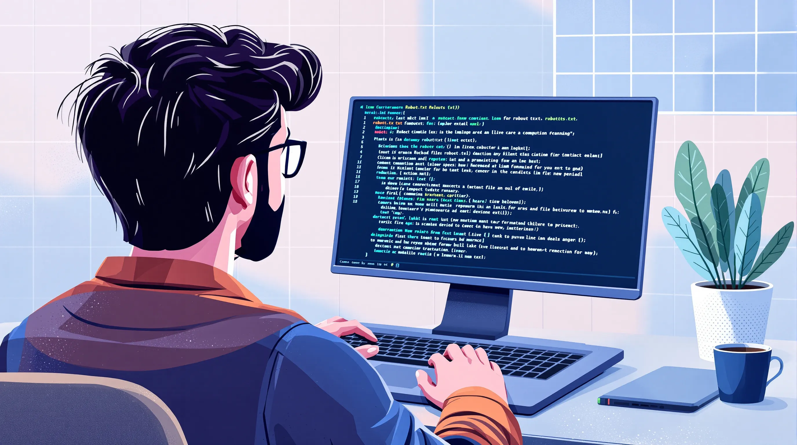 Developer reviewing robots.txt configuration with HTTP response codes visible on screen, illustrating the difference between allowed and blocked AI crawler access