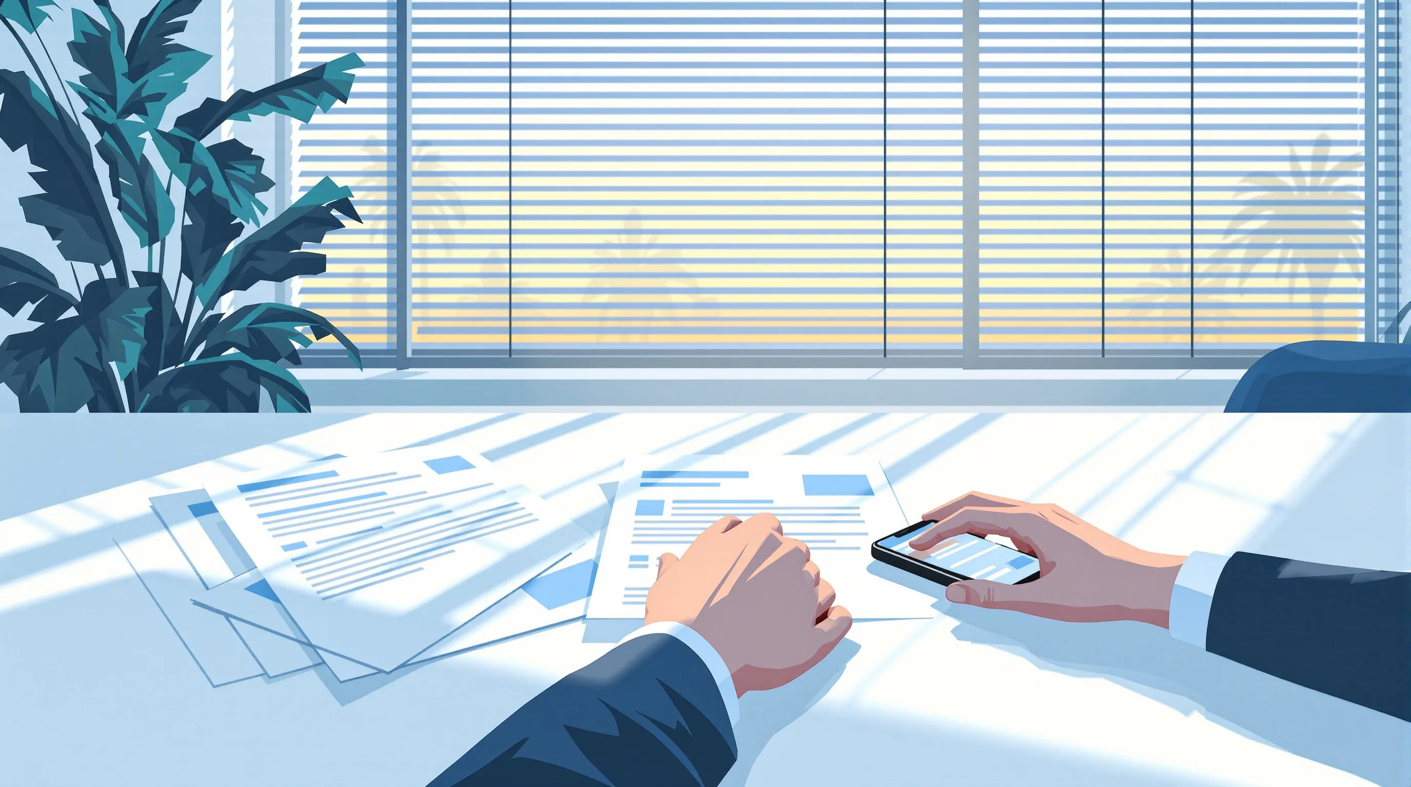 Three printed vendor proposals laid side by side on a conference table next to a phone showing a blurred AI chat answer