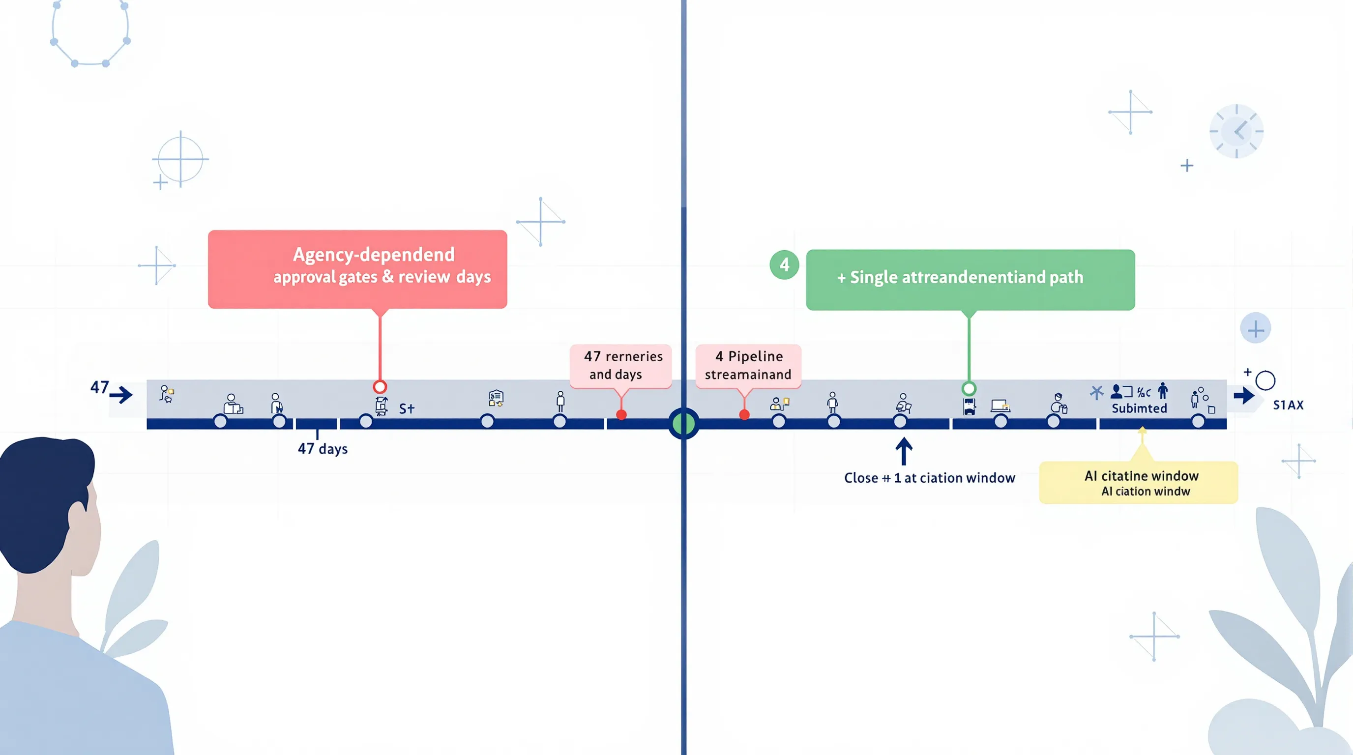 Implementation timeline comparison: 47-day approval-chain process vs 4-day pipeline approach against an AI citation opportunity window