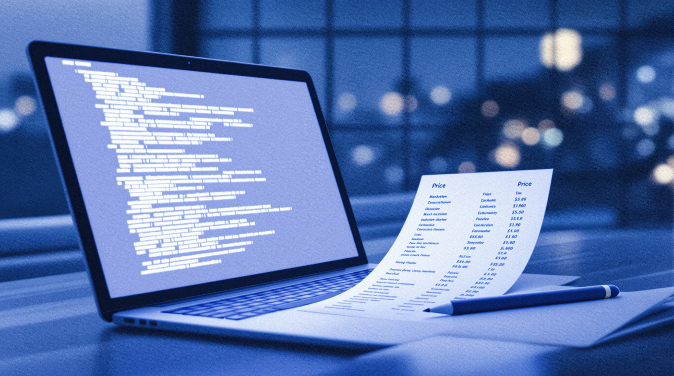 Laptop showing blurred structured data code beside a printed product spec sheet with a pencil on the price line