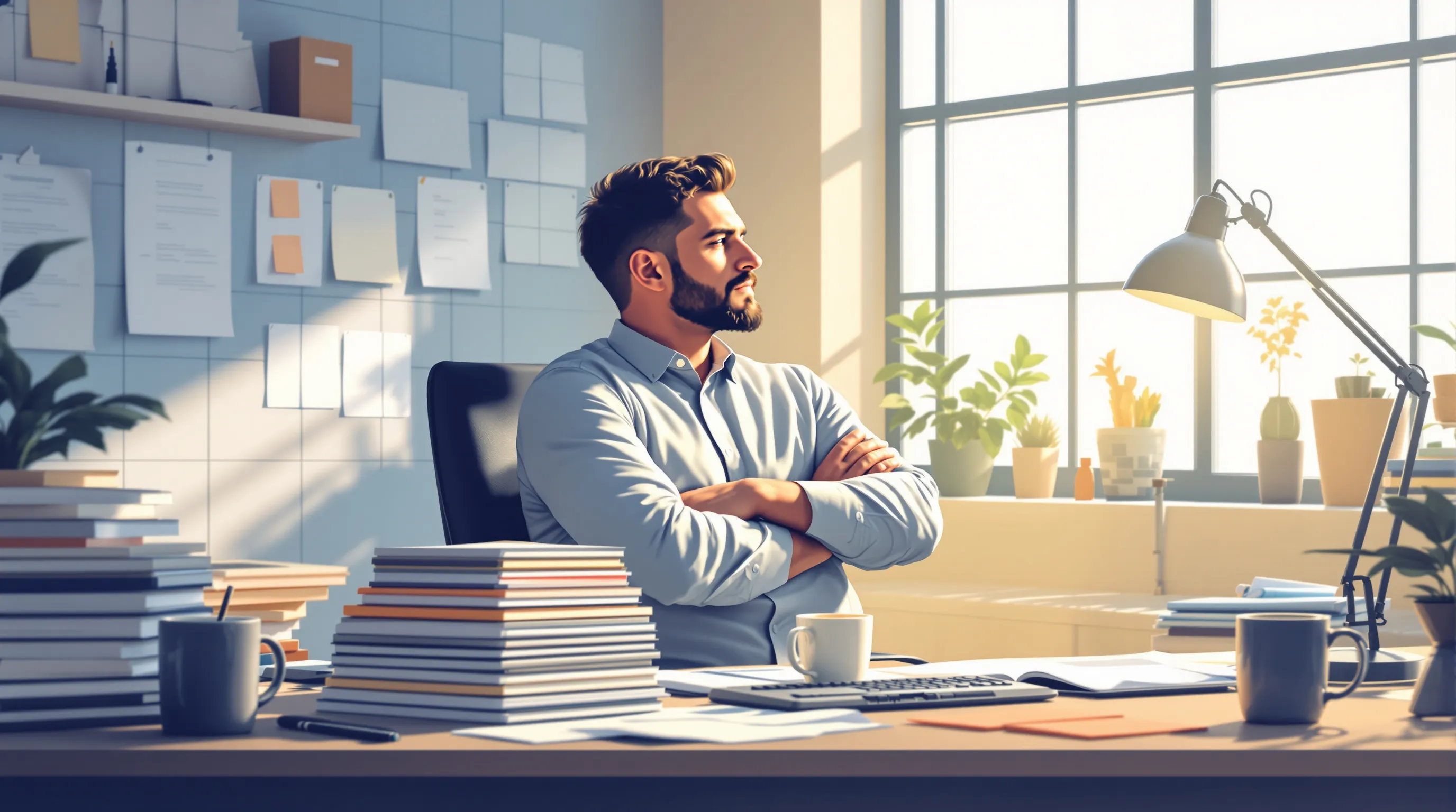 Photorealistic editorial scene: a marketing buyer at a cluttered office desk in late-afternoon window light, leaning back with arms crossed and studying two stacked sheets of glossy sample swatches and a small product