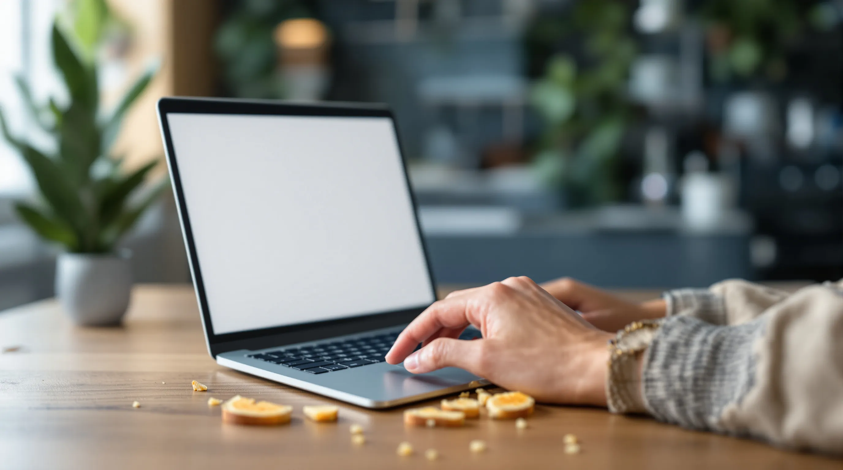Business owner at a kitchen table typing an unbranded question into an AI assistant on a laptop, with a notepad of prompts and a bowl of peaches nearby