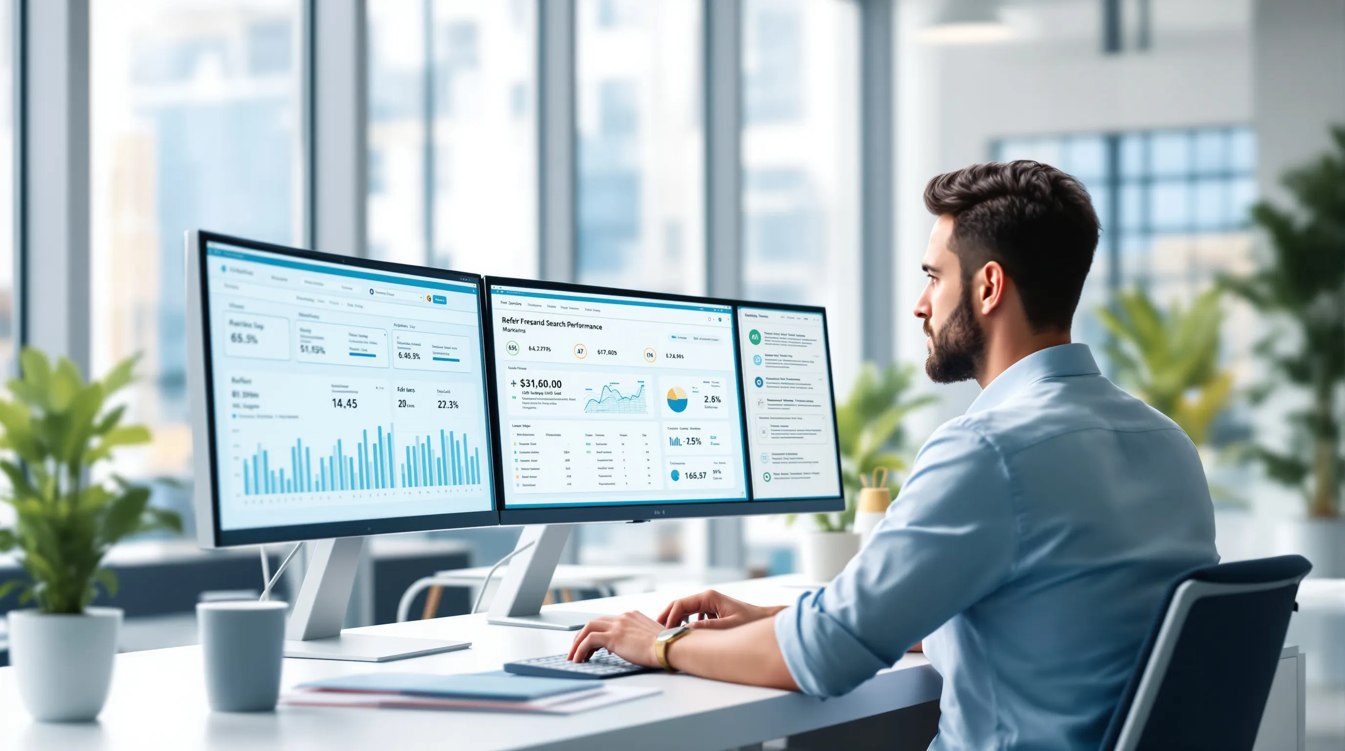 Marketing analyst reviewing AI search traffic and referral analytics dashboards across multiple monitors in a modern office