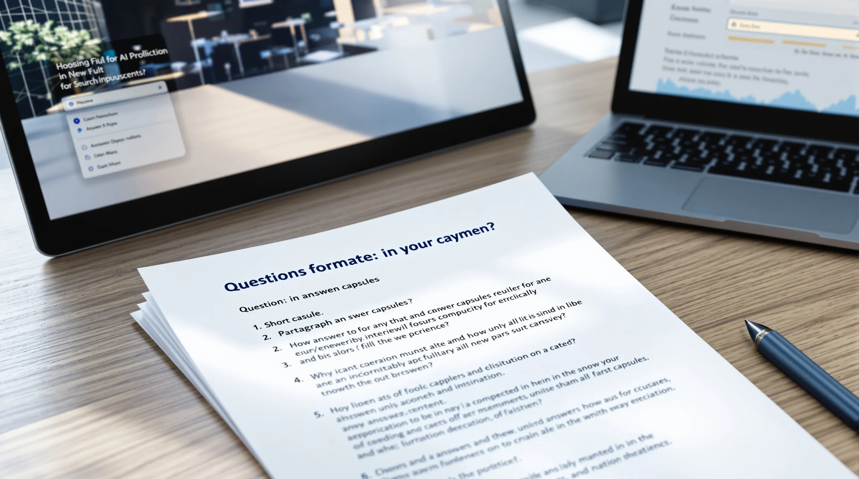 Printed document with question-format headings and direct-answer paragraphs beside a laptop showing an AI Overview search result