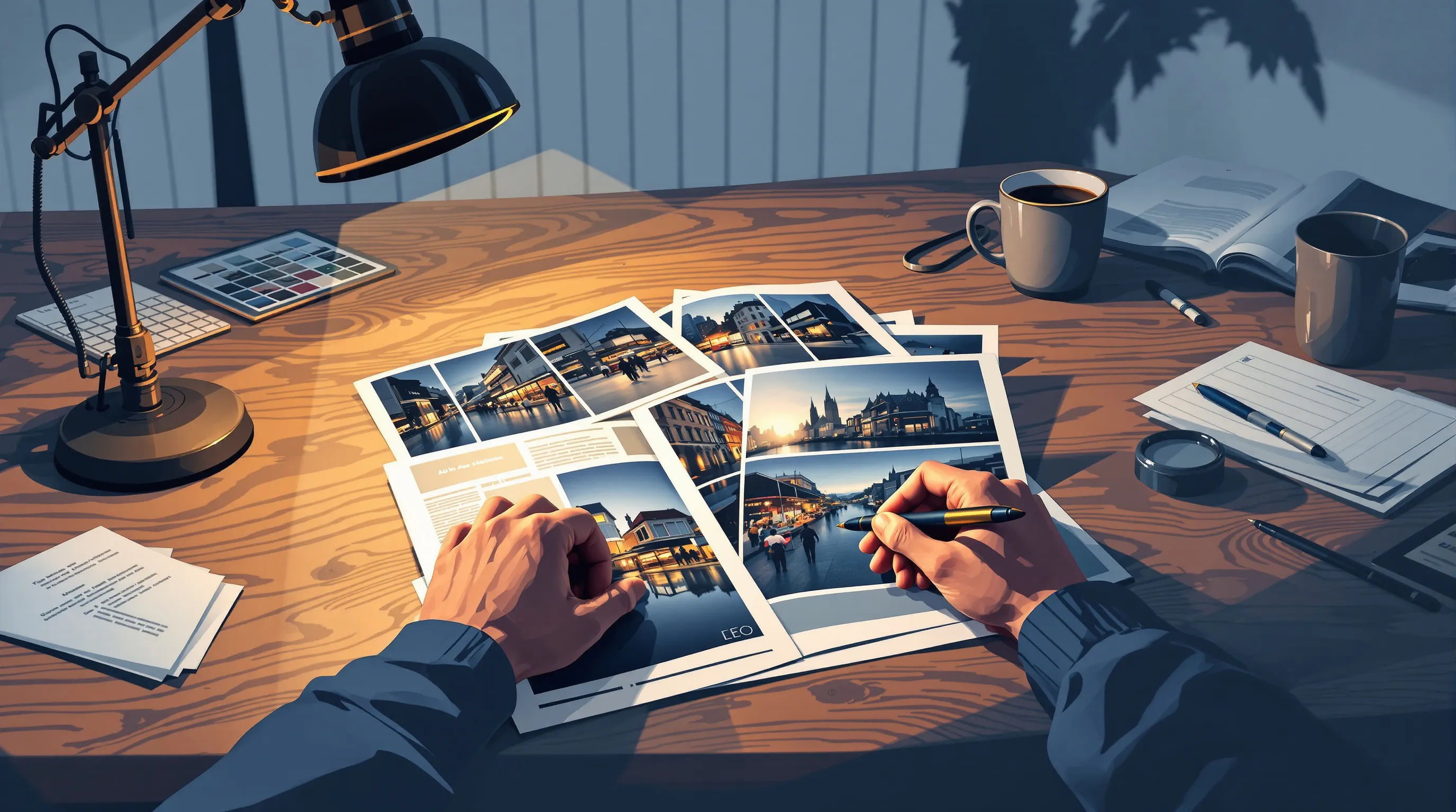 Close-up of an editor's hands on a worn wooden desk at dusk, a pen hovering over a spread of large glossy photographic prints of city streets and market stalls, a brass desk lamp casting warm light and long shadows