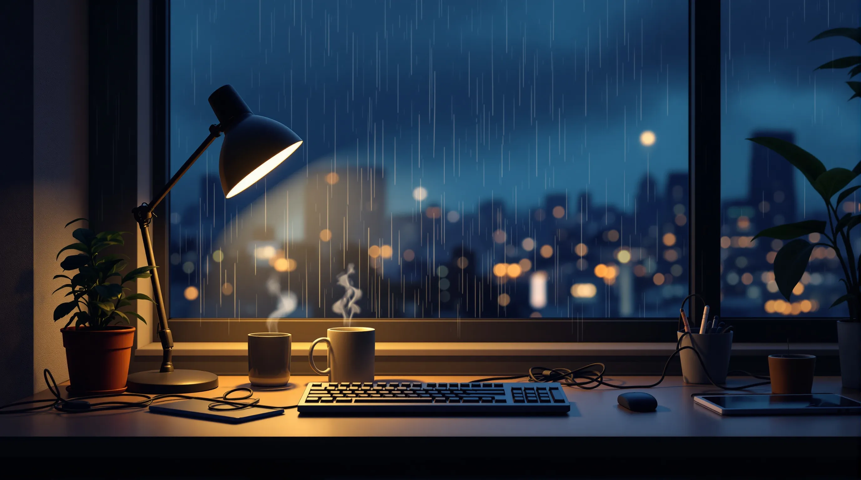 A small-business owner sits at a wooden desk late in the evening, rubbing tired eyes with one hand, a warm desk lamp casting golden light across the scene