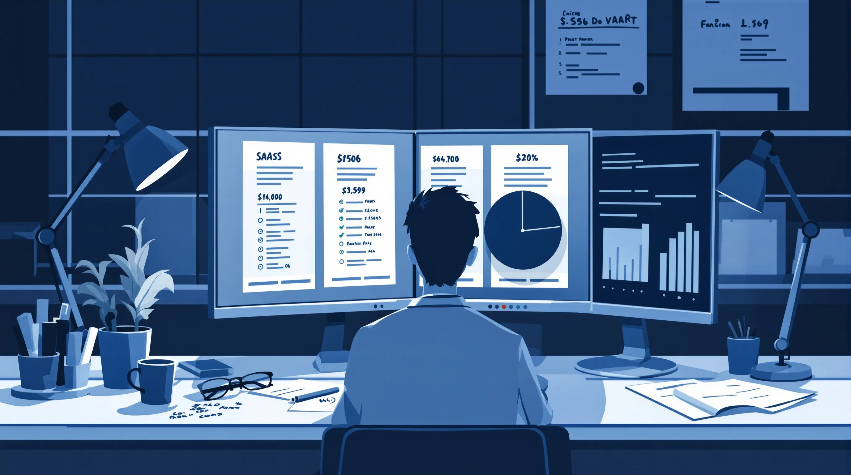 A marketer comparing AI-visibility tool pricing pages and an invoice with handwritten cost notes at a desk