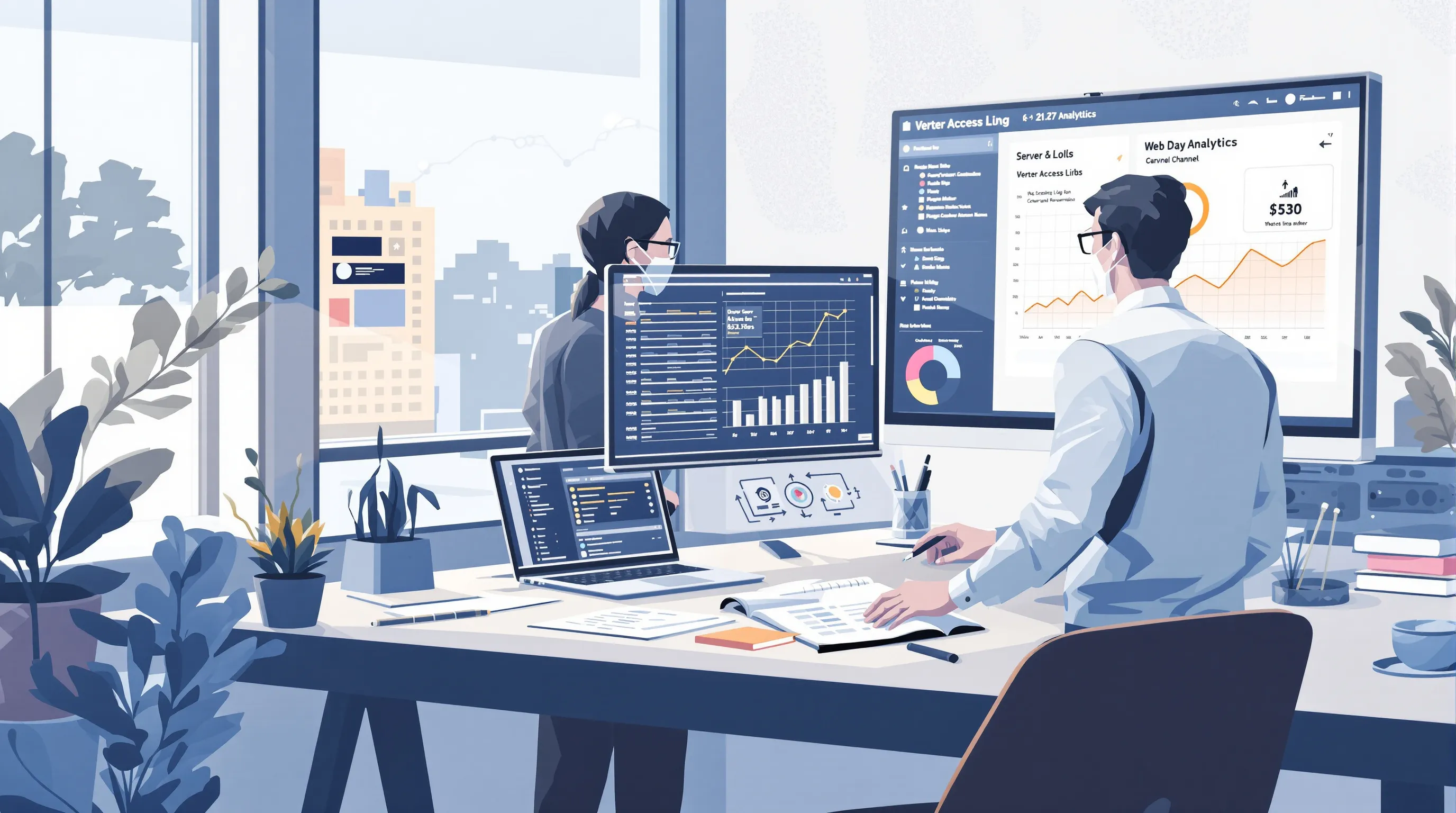 Data analyst cross-referencing server access logs with web analytics channels while building an AI search traffic measurement framework