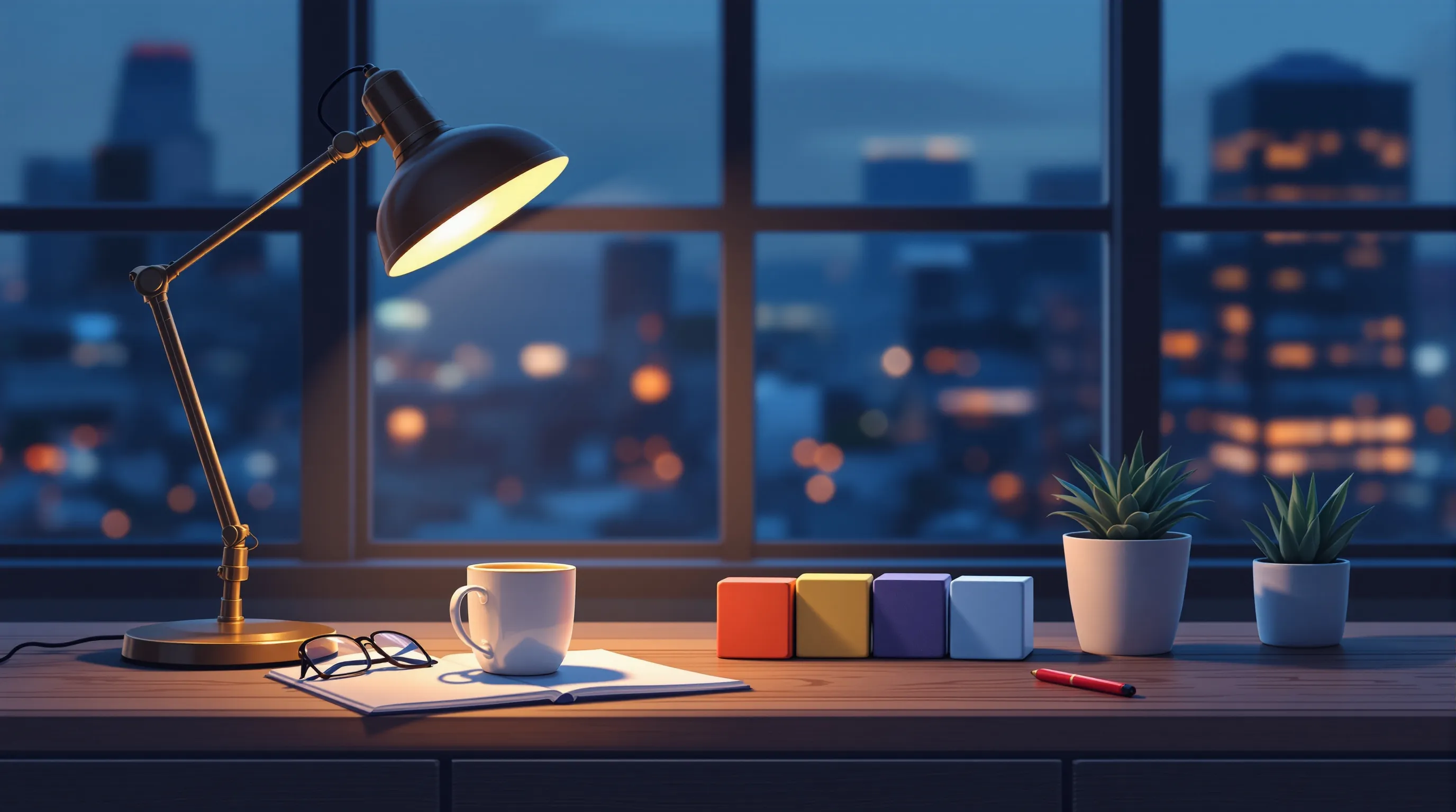 Photorealistic editorial scene at dusk in a small business office: a worn wooden desk with a brass desk lamp casting warm light, a pair of reading glasses, a ceramic mug of coffee and a red pen resting beside a small