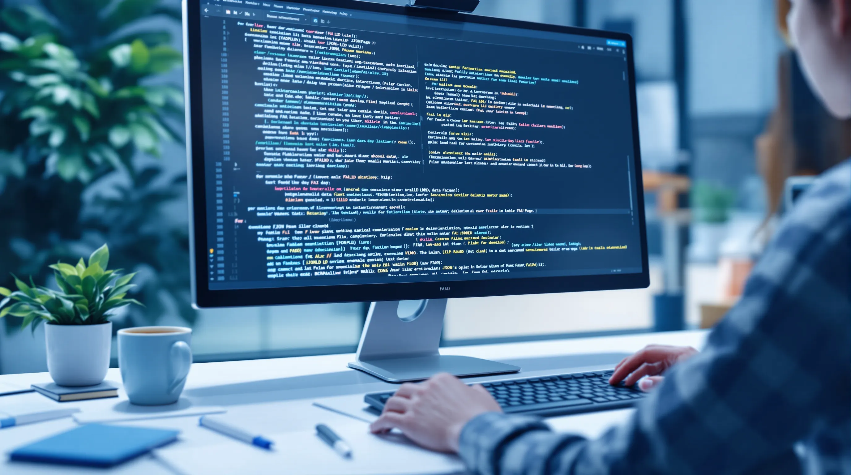 Developer workspace showing FAQPage JSON-LD structured data schema on monitor