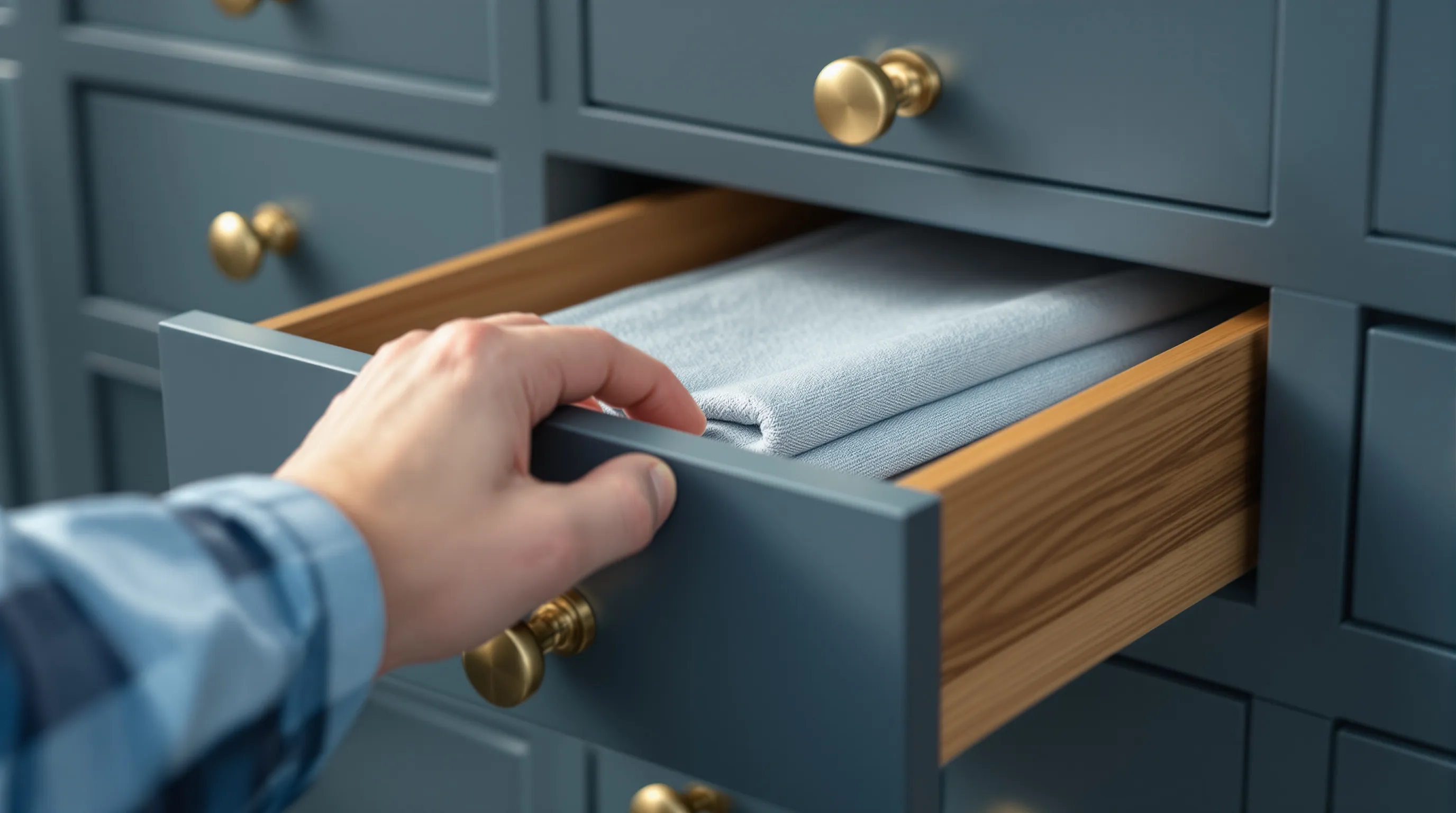 Photorealistic close-up of a hand pressing a small wooden drawer of a tidy apothecary cabinet, the drawer sliding open to reveal a neatly folded linen cloth inside, neighboring drawers still closed in a tidy grid