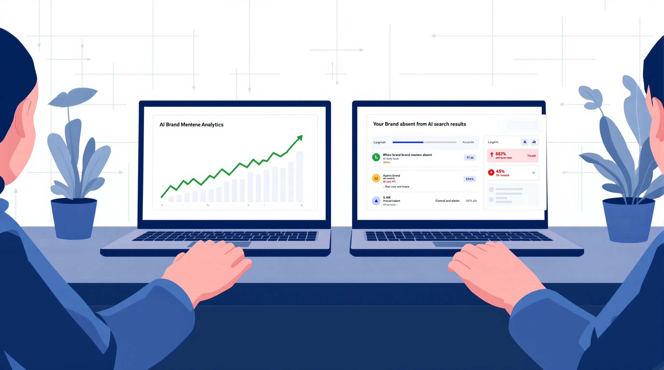 Side-by-side comparison of AI brand mention analytics showing a brand present in ChatGPT results on one screen and absent with a loss alert on the other