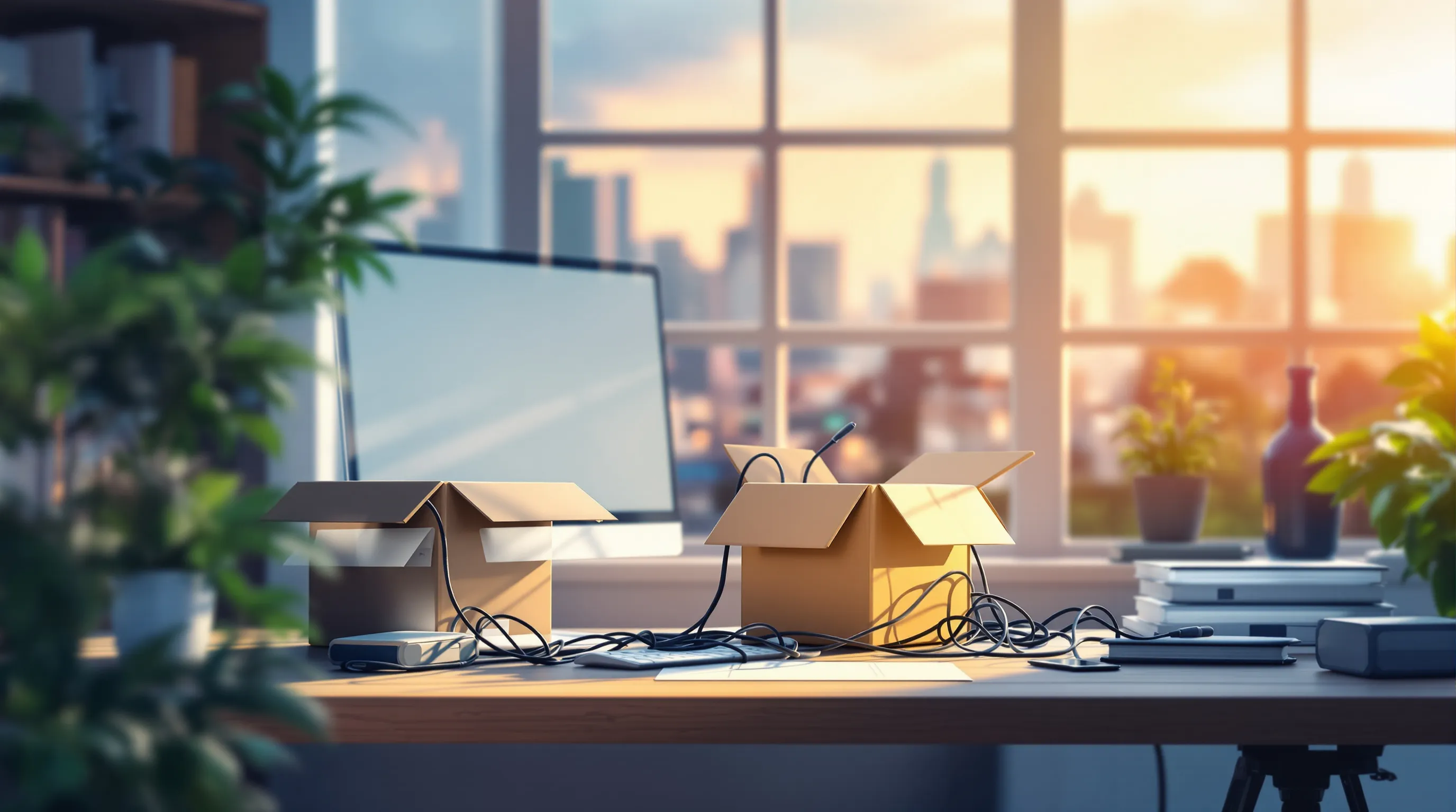 Small business owner at a desk beside a moving box of old computer equipment, a phone lighting up with an incoming call