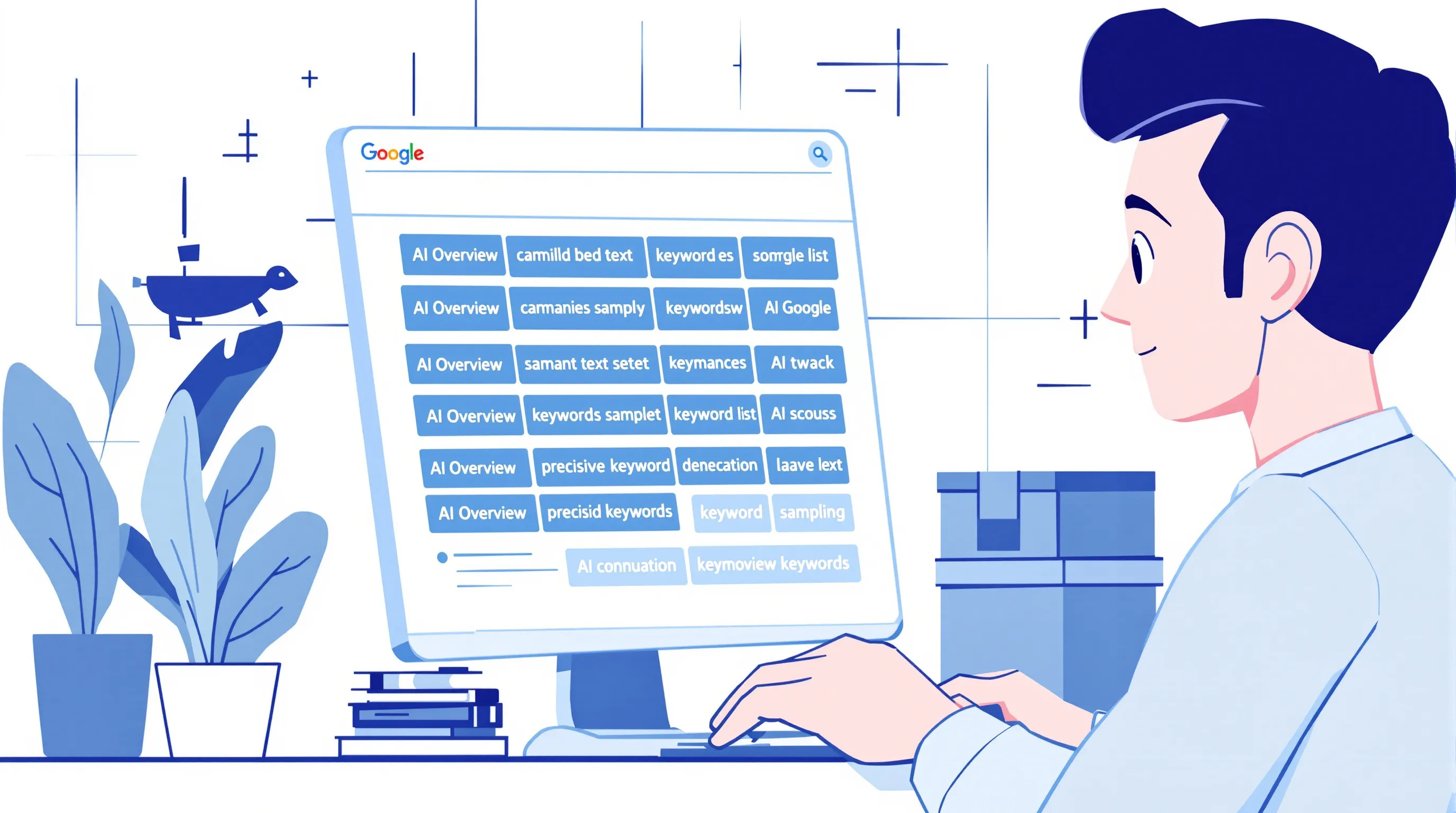 A data analyst studying a stratified sampling grid overlaid on a Google SERP, with AI Overview boxes highlighted in blue across a small representative subset of a much larger keyword list, illustrating