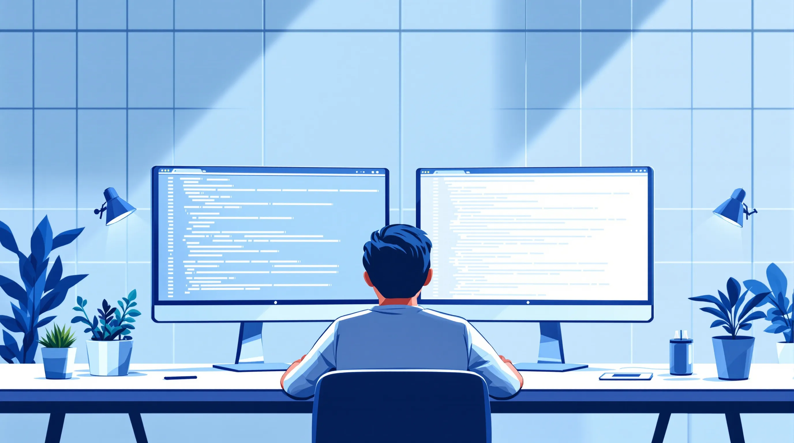 Two monitors showing HTML source code on the left and an empty rendered page on the right, illustrating the DOM rendering gap invisible to rule-based audits.