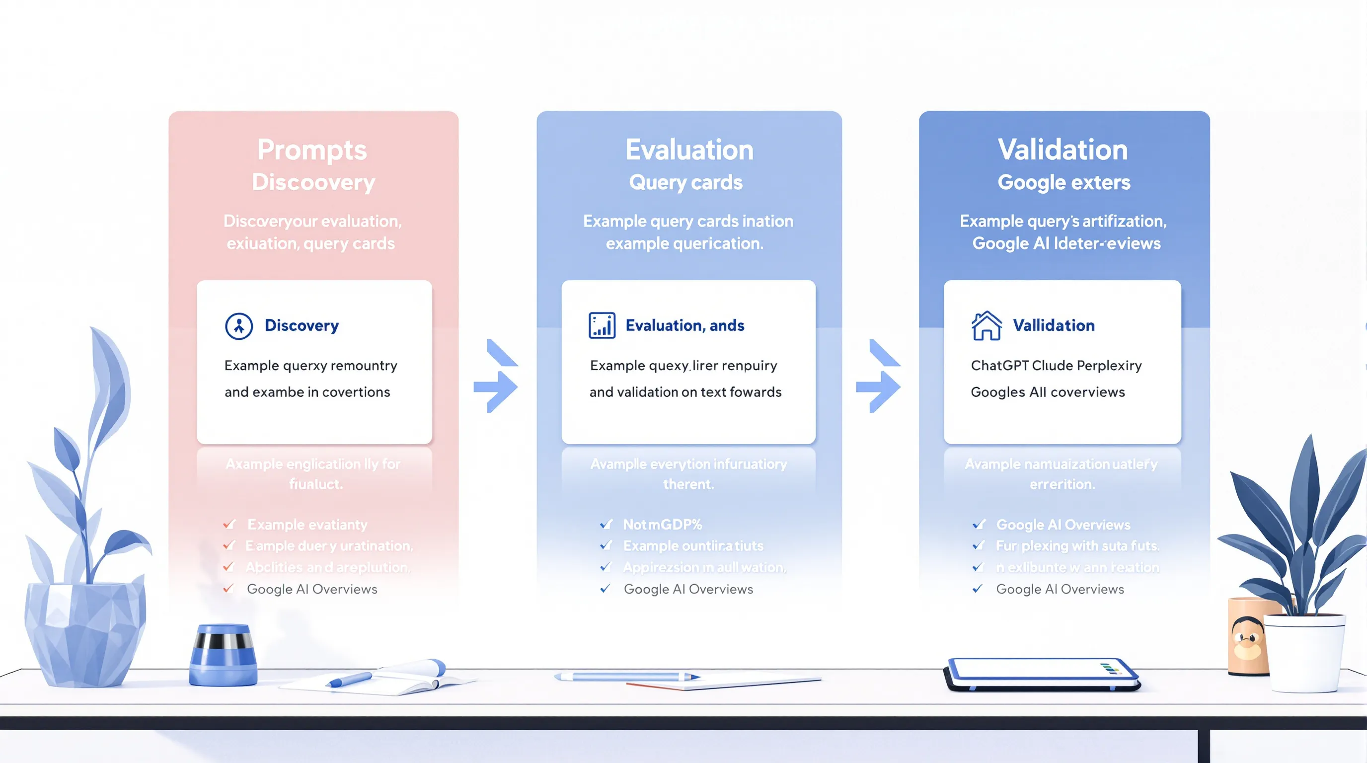 A clean visual concept showing three prompt types arranged in columns - Discovery, Evaluation, Validation - each with example query cards below them, and arrows pointing to four AI engine icons (ChatGPT, Claude