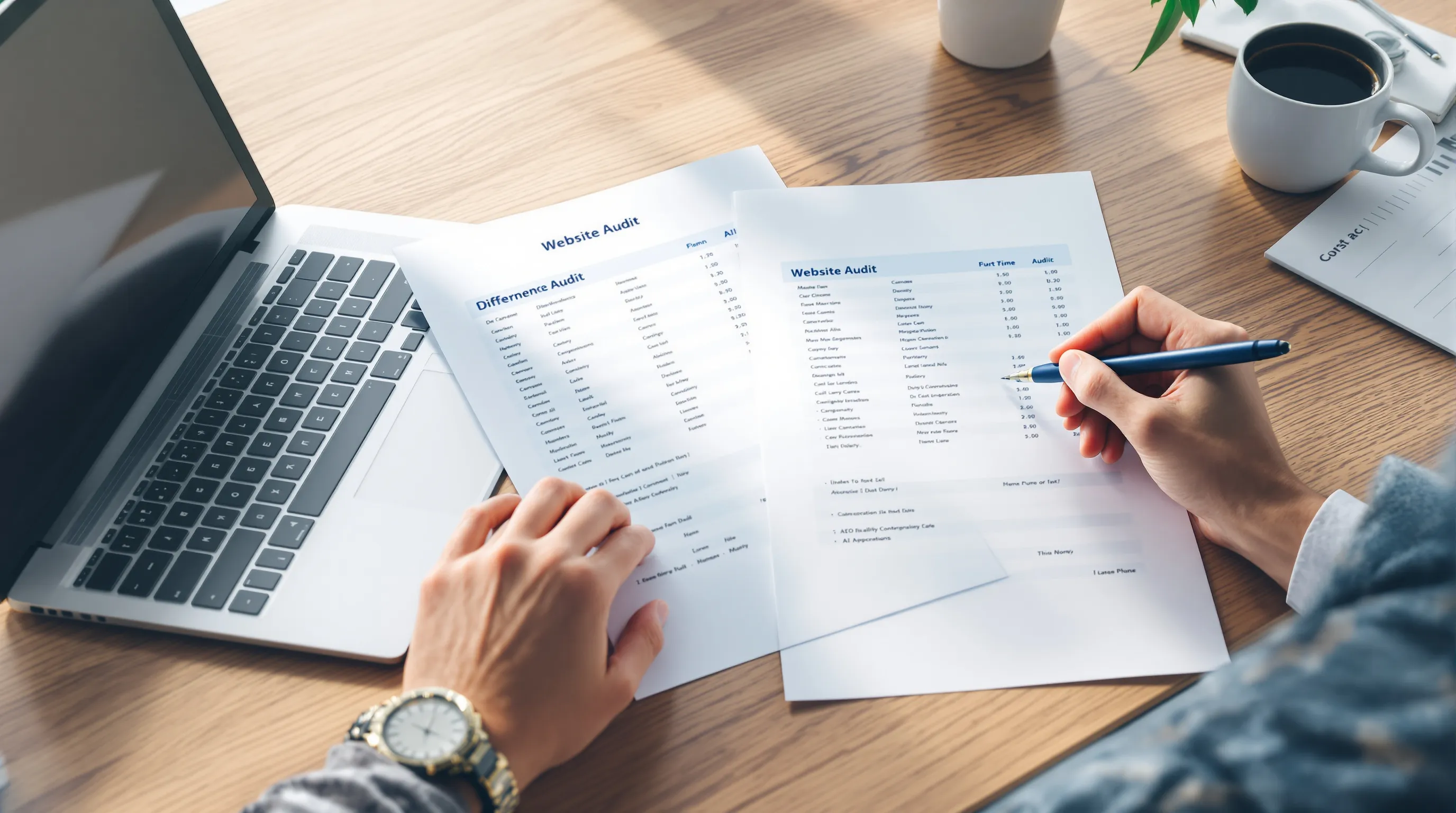 Two printed website audit reports compared side by side on a desk beside a laptop