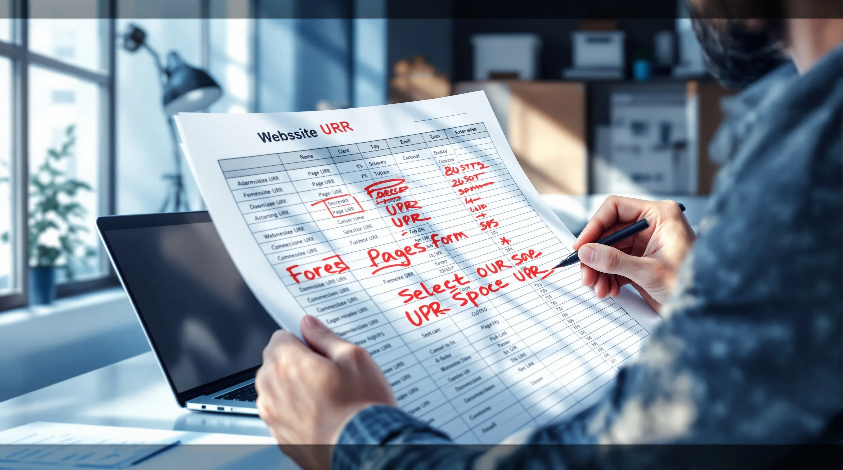 Business analyst circling a small number of priority pages on a large website audit spreadsheet, representing AEO audit scoping to money pages rather than the full site.