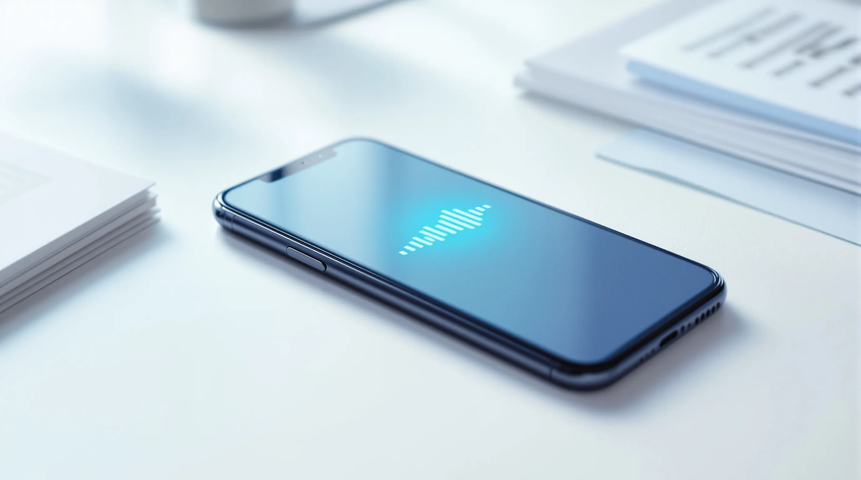 A smartphone showing a glowing voice-assistant waveform beside neatly structured printed pages