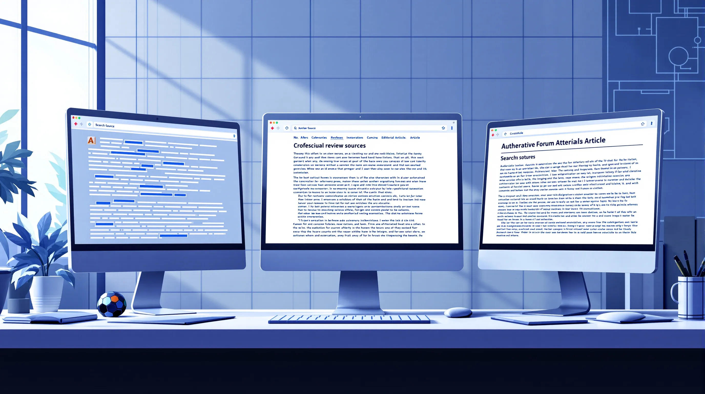 Three browser windows showing review platform, community forum, and editorial source representing distinct AI citation source categories