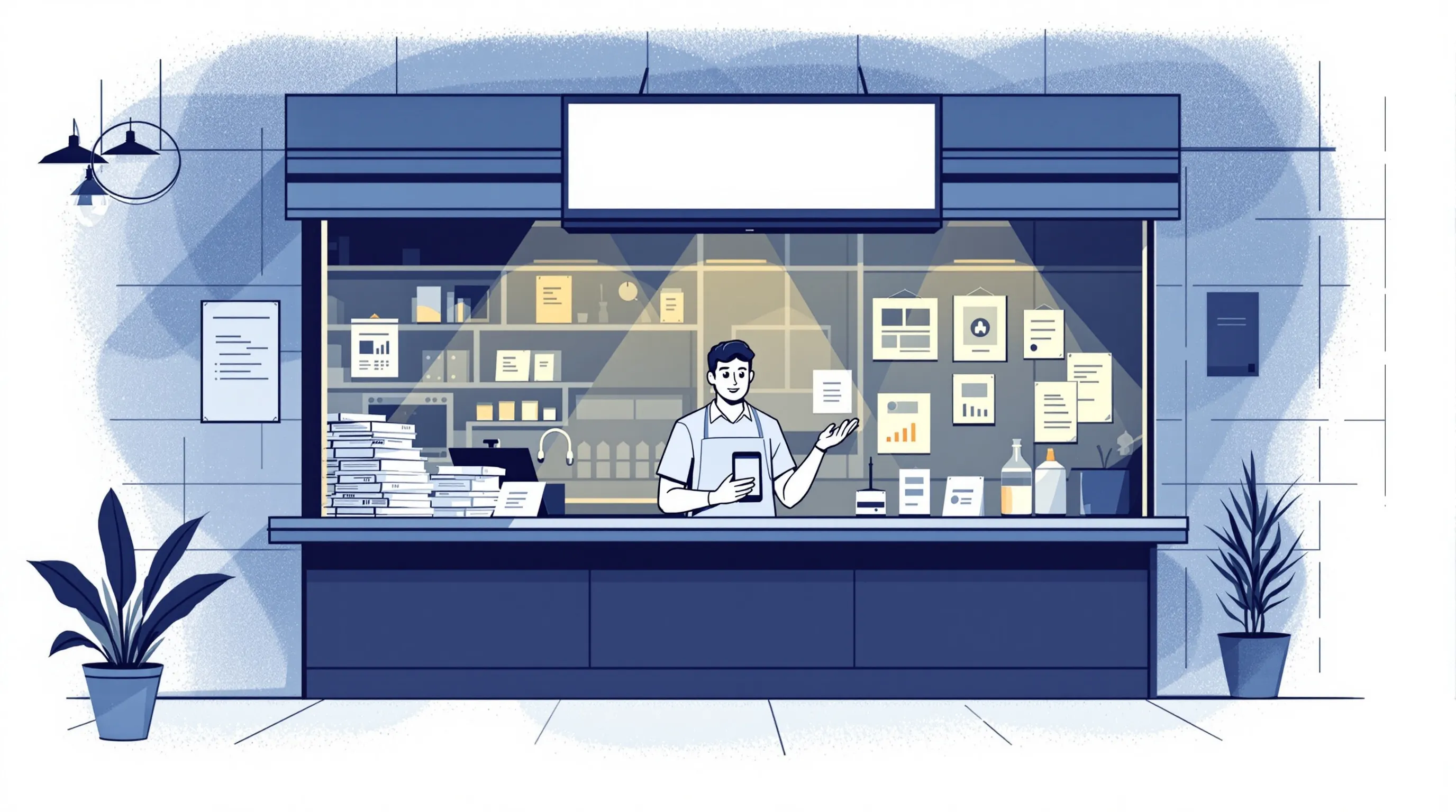 Shop owner approving a website change on a phone after closing time