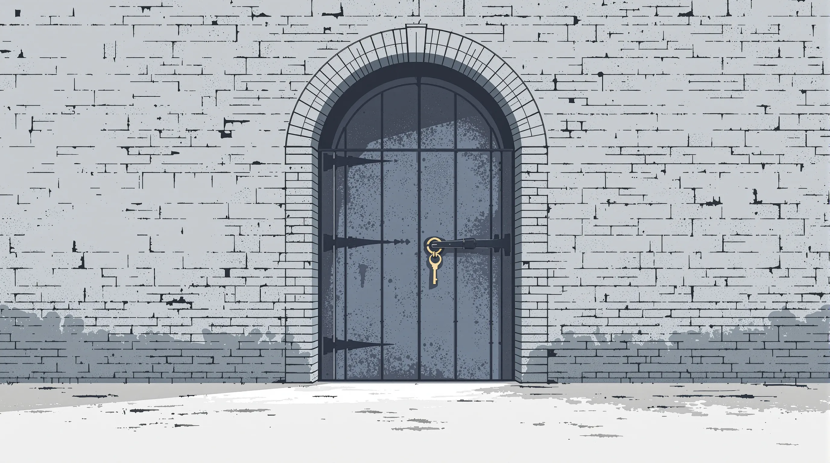 Iron door in a brick factory corridor with a ring of brass keys hanging from the lock