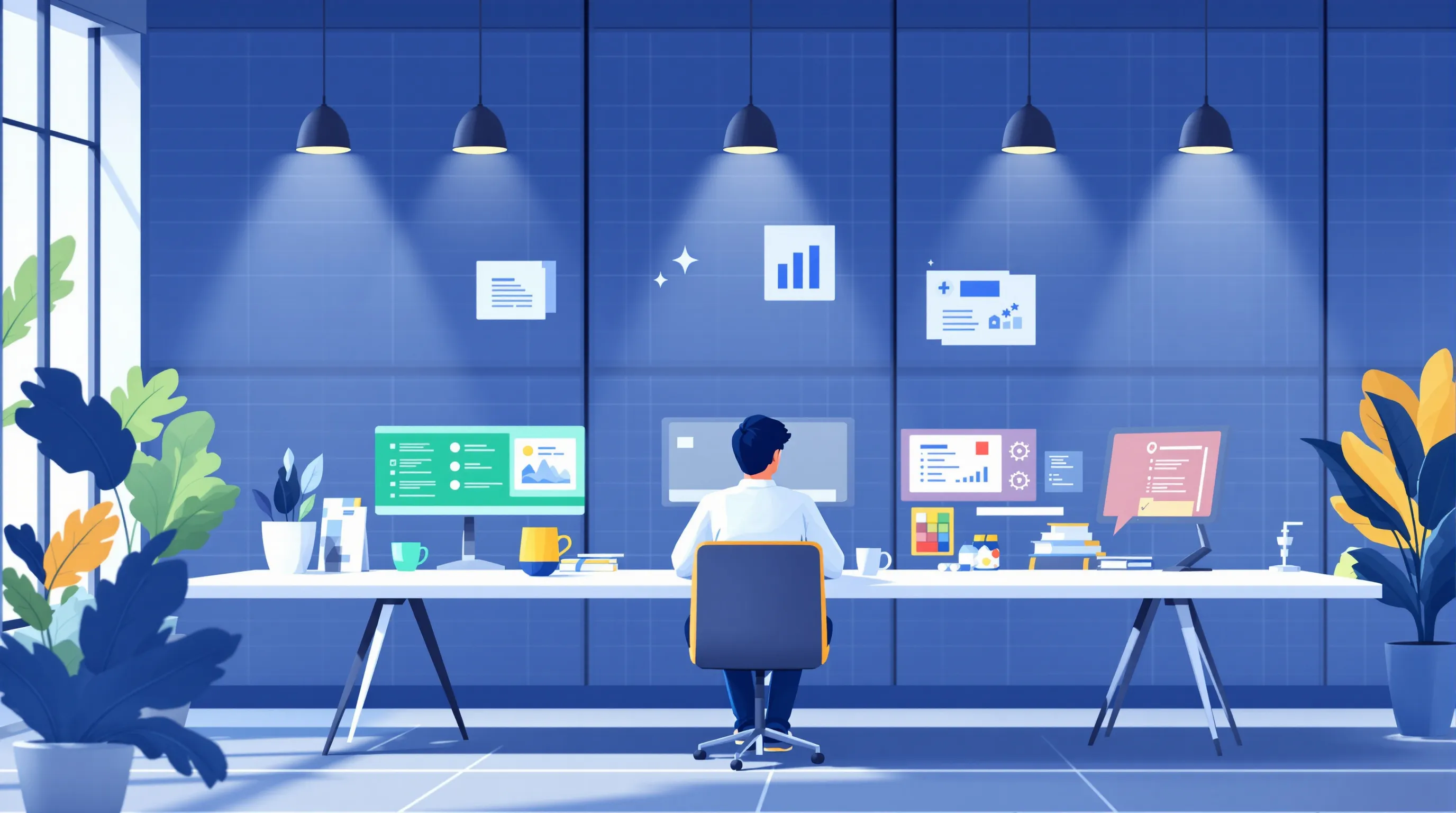 Marketing analyst reviewing per-engine AI citation data across three monitors showing ChatGPT, Perplexity, and Google AI Overviews citation patterns