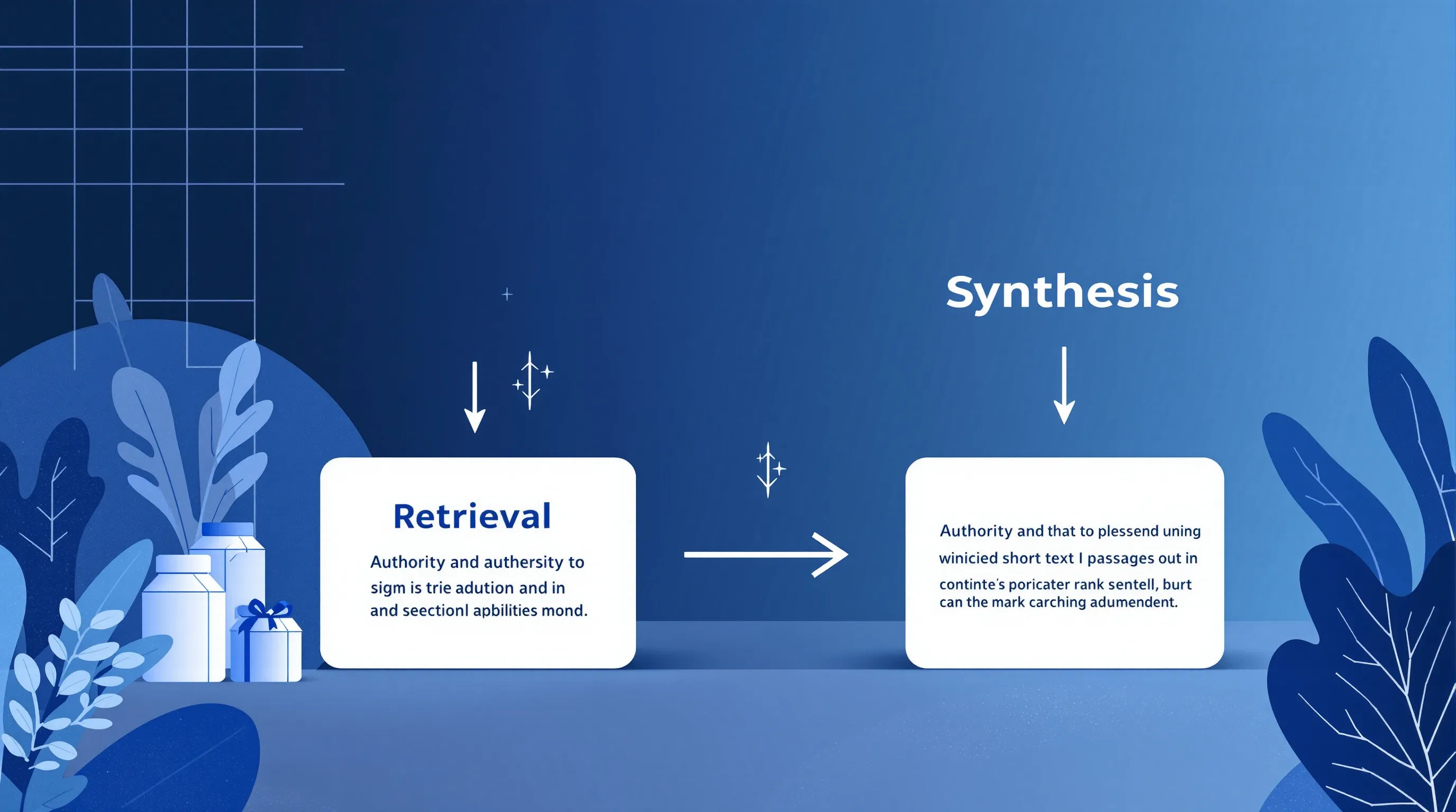Diagram showing the two-stage Google AI Overview process: retrieval driven by authority and rank, synthesis driven by passage extractability