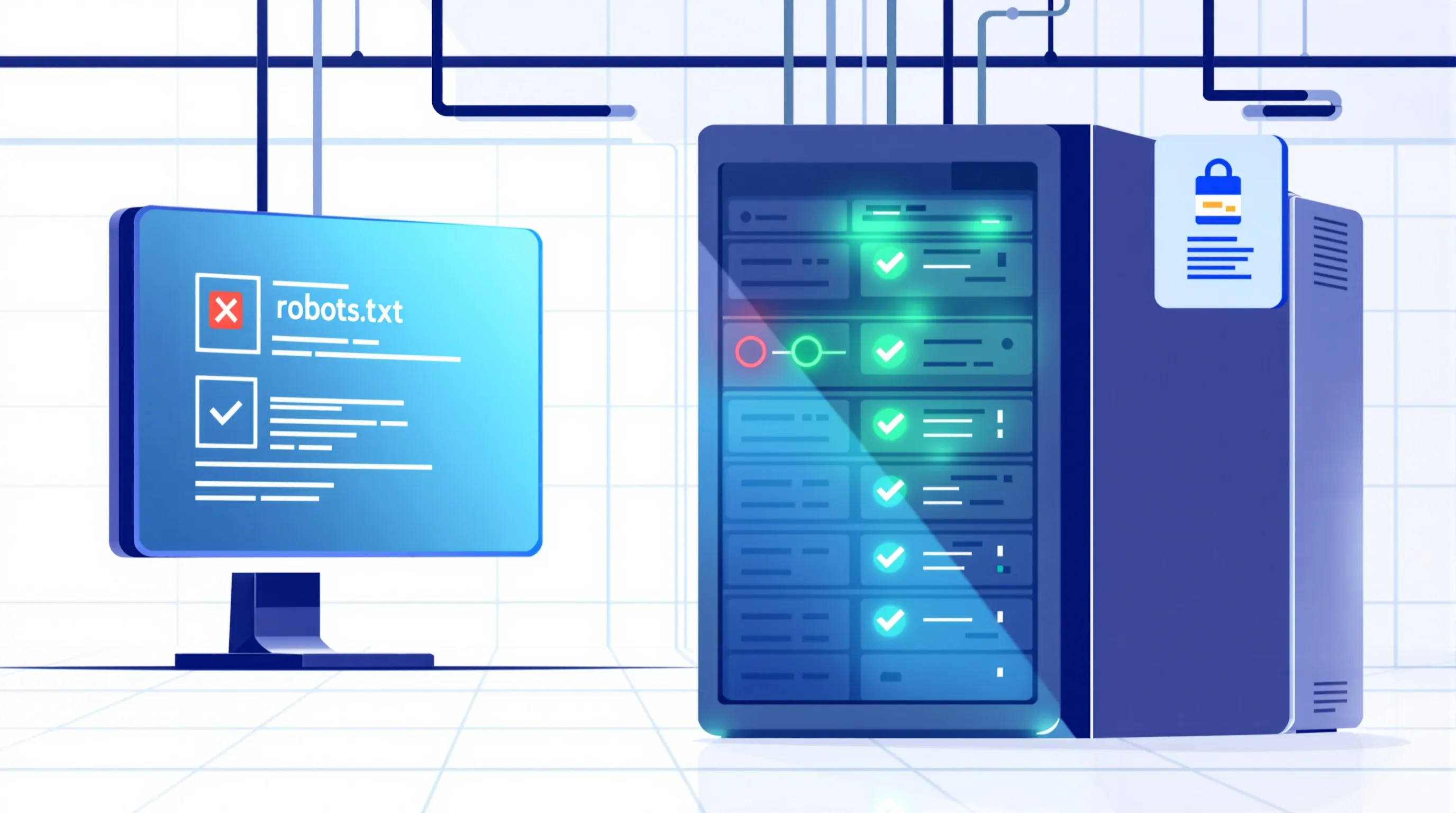 Server rack with crawler access indicator lights illustrating the difference between blocked GPTBot and allowed OAI-SearchBot and ChatGPT-User configurations
