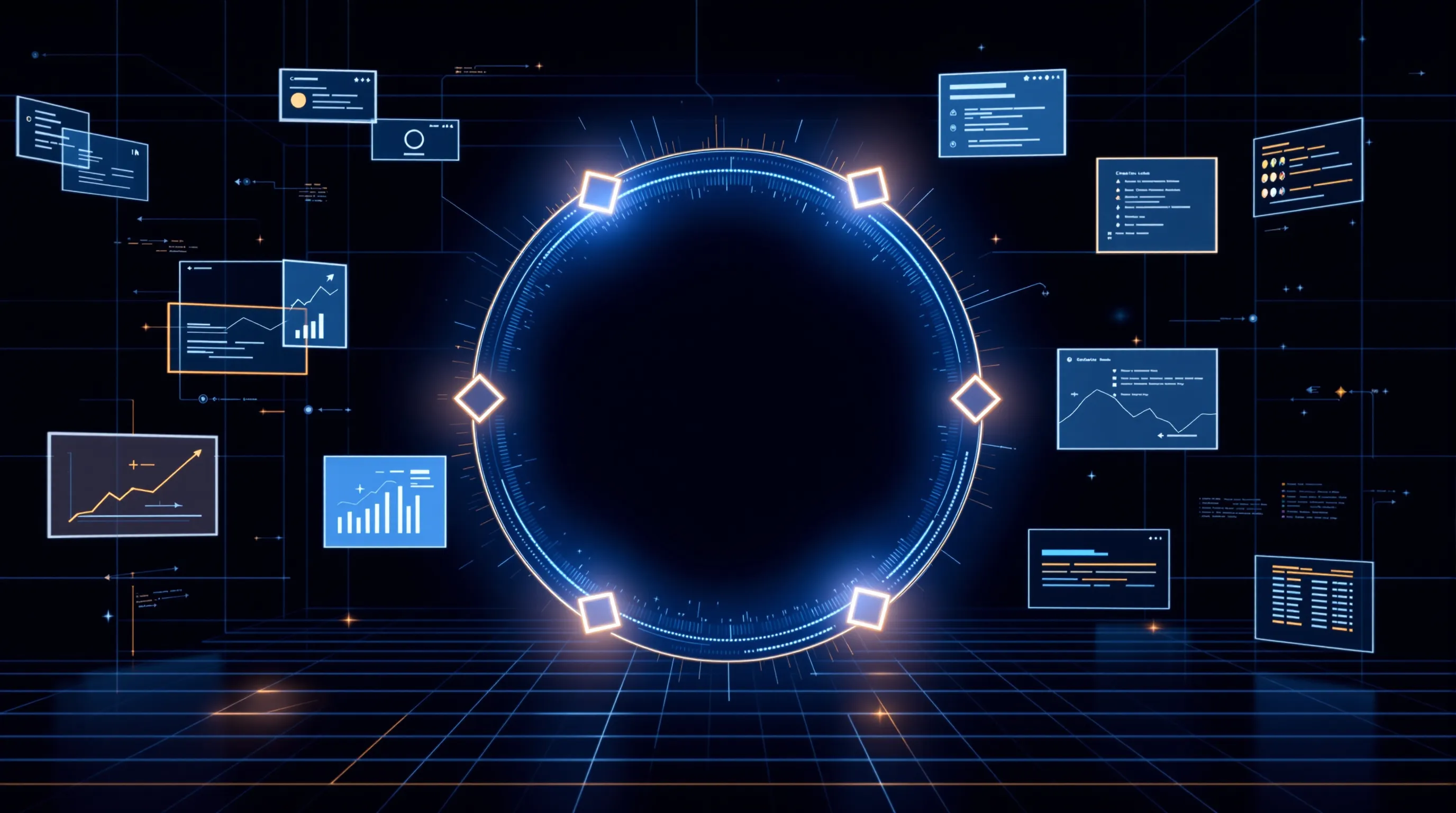 A closed-loop cycle diagram representing the four stages of an AI-search agency operating model: monitor, create, score, refresh