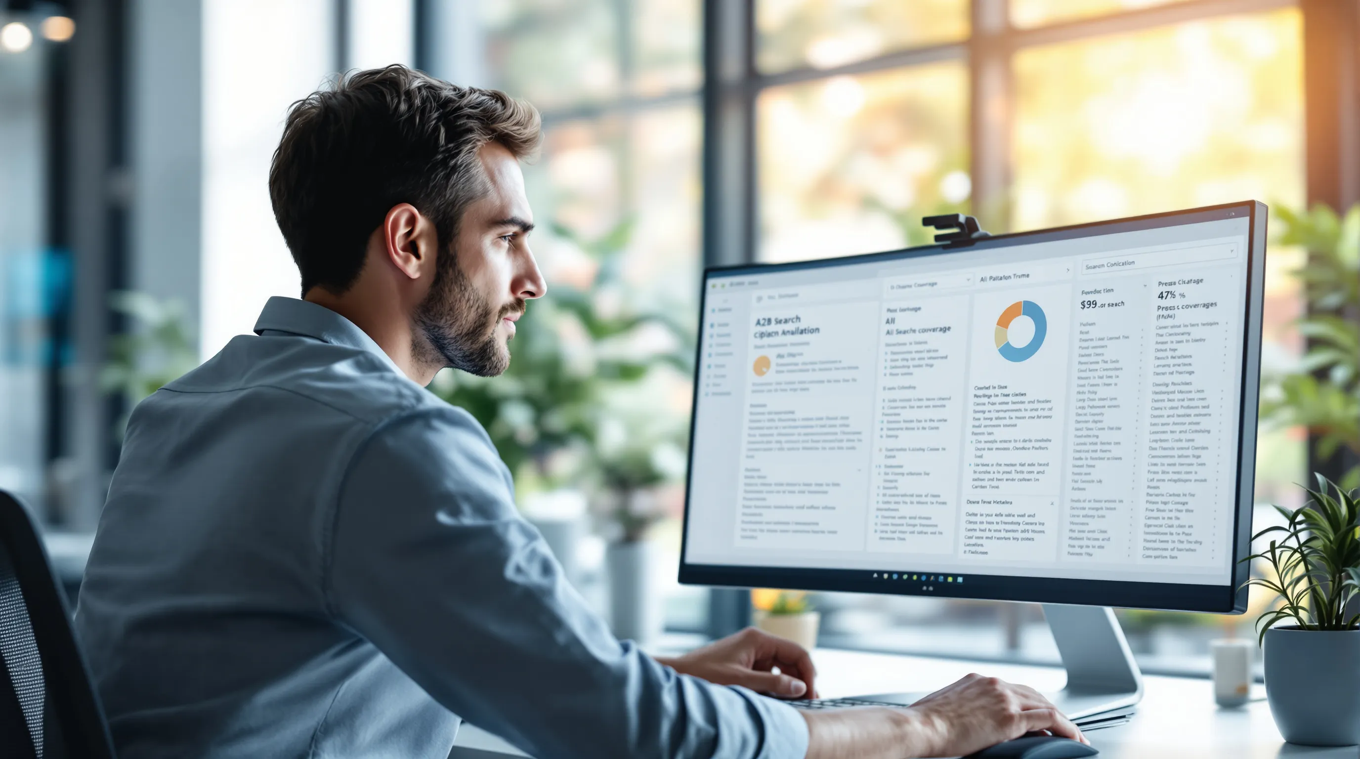 B2B marketing professional reviewing AI citation analytics showing owned content pages outperforming digital PR placements