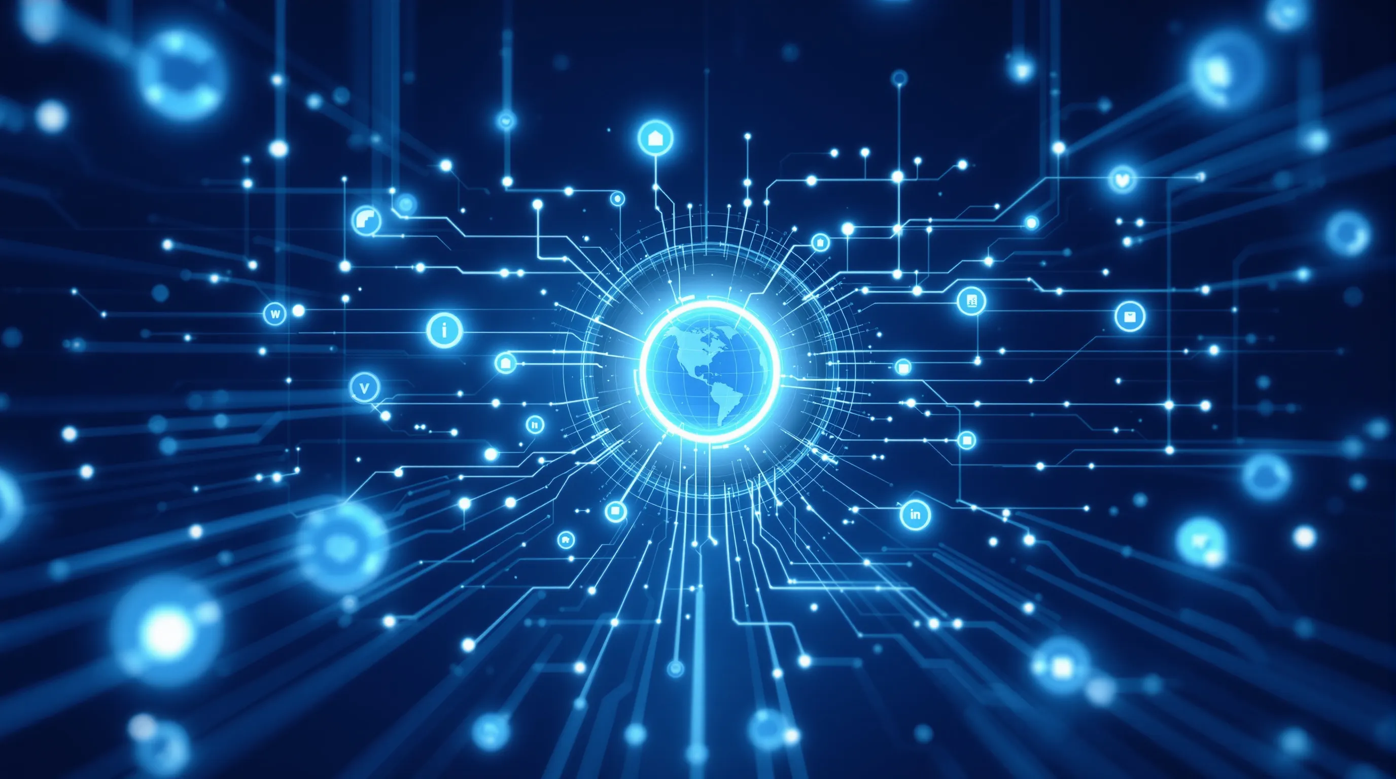 Abstract digital visualization showing structured data pathways flowing toward an AI answer engine interface, glowing nodes connected by light-blue data streams on a dark navy background, representing machine-readable