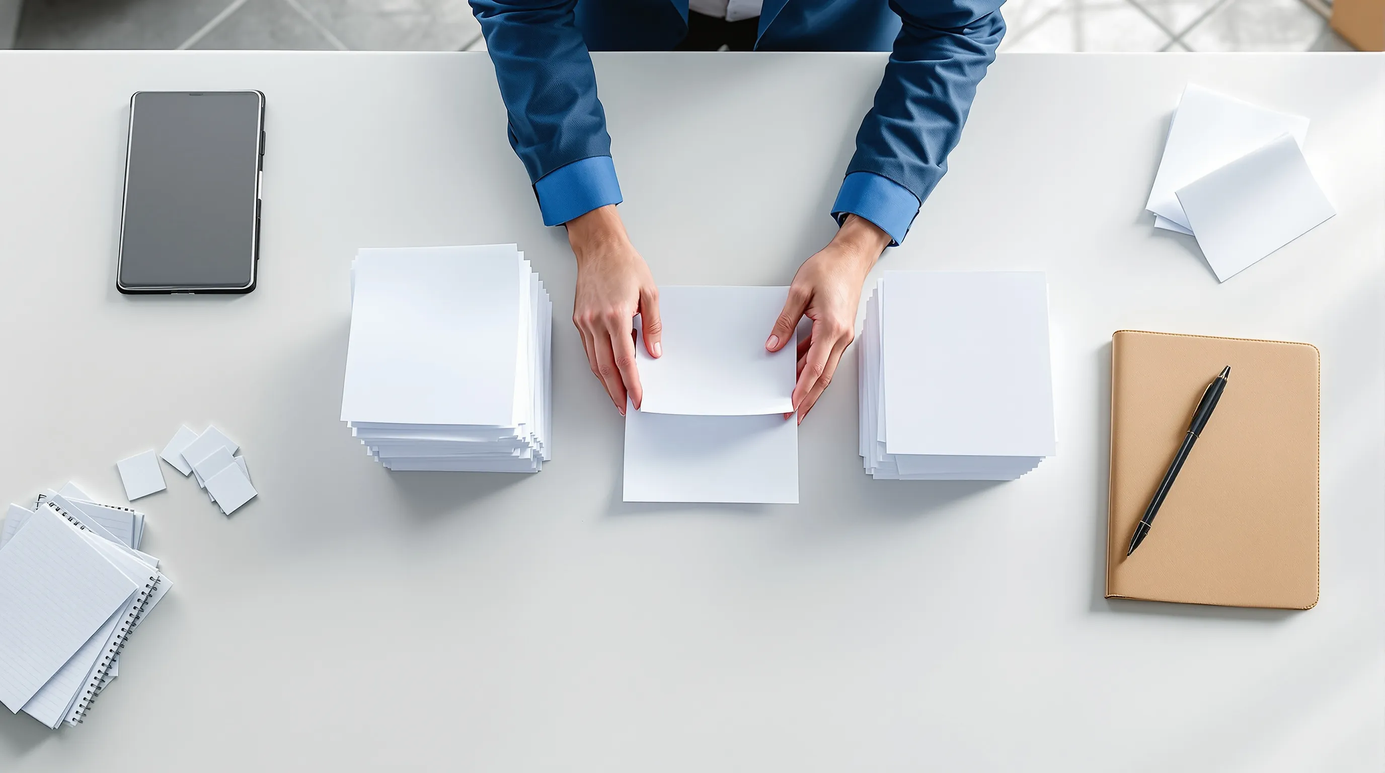 Photorealistic overhead photo of hands sorting loose sheets of plain paper into three separate stacks on a pale conference table, a few sheets set aside in a small discard pile, a closed notebook and a manila folder