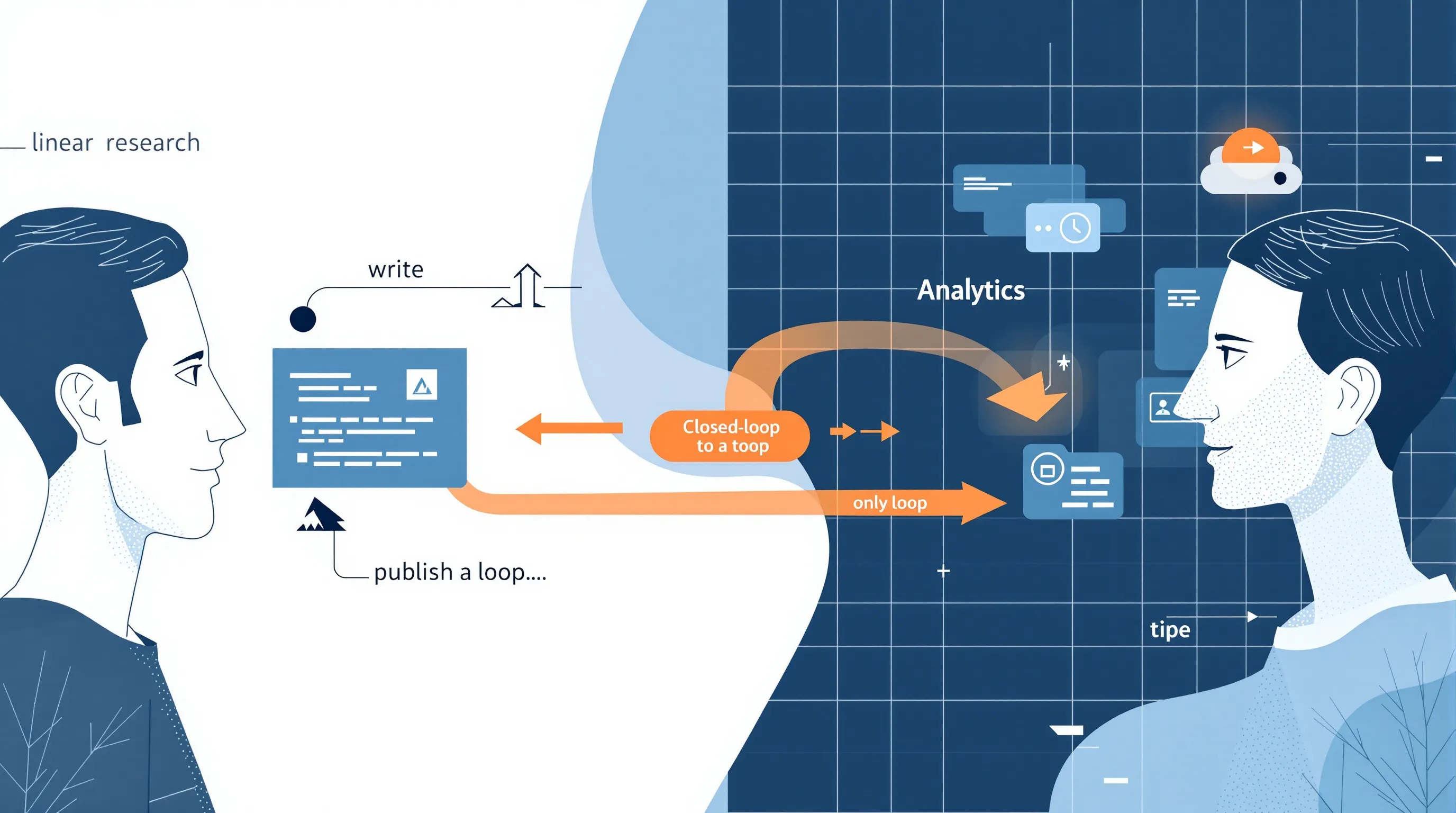 A clean technology environment comparing a linear content pipeline (research to write to publish to analytics, arrows pointing only right) against a closed-loop content pipeline with an orange feedback arrow routing
