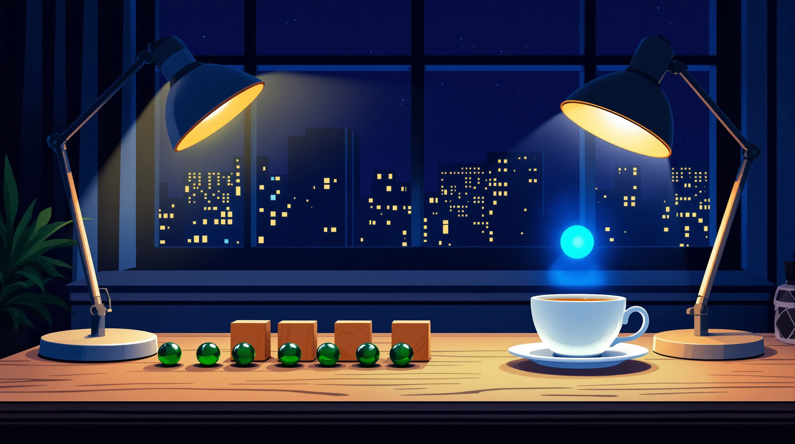 Late evening in a small office, a wooden desk lit by a warm desk lamp, where a row of small green glass marbles sits in a neat line beside a stack of wooden blocks, each block a different height