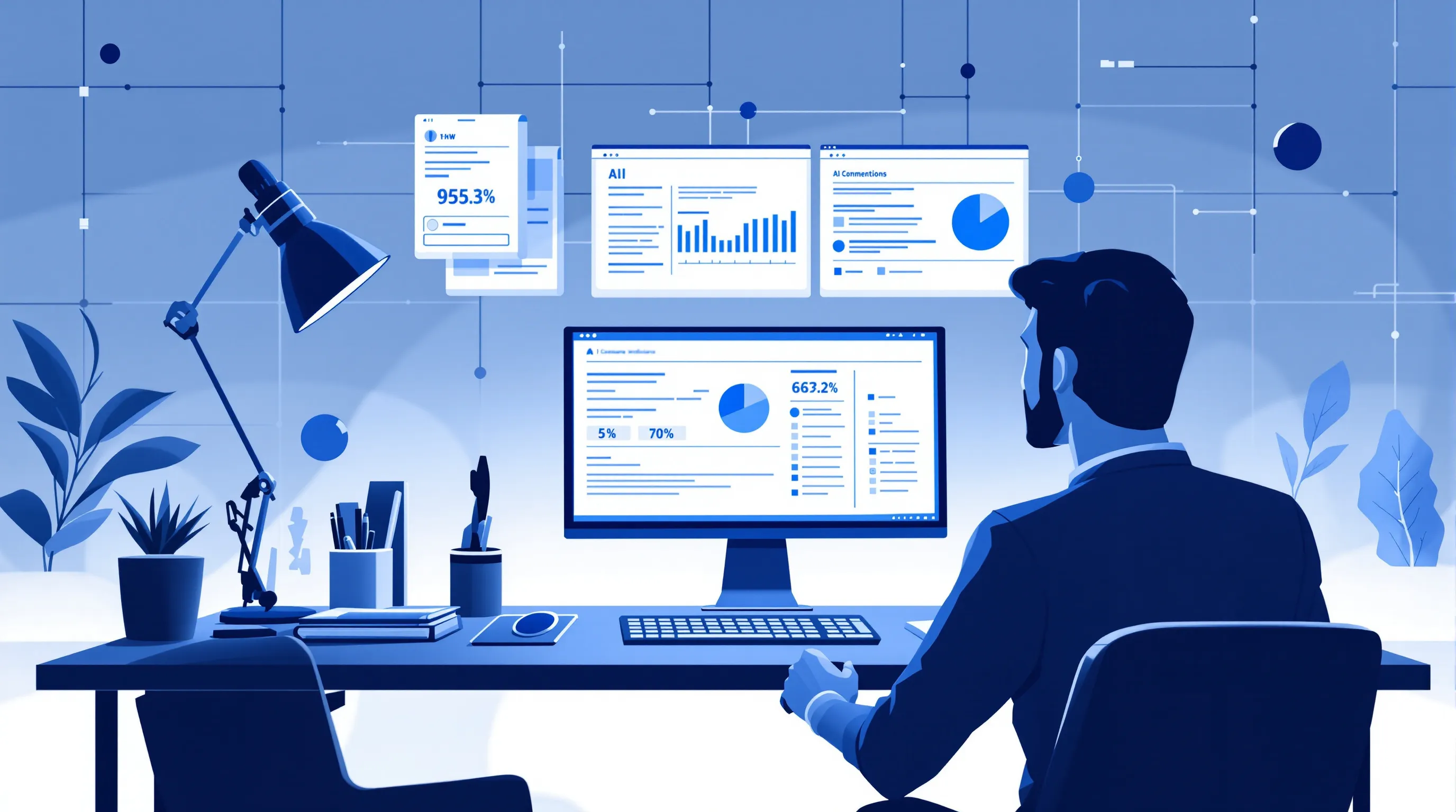 Three diagnostic screens showing a live-crawl audit, a rule-based structural audit, and a brand-visibility audit side by side on a dark desk.