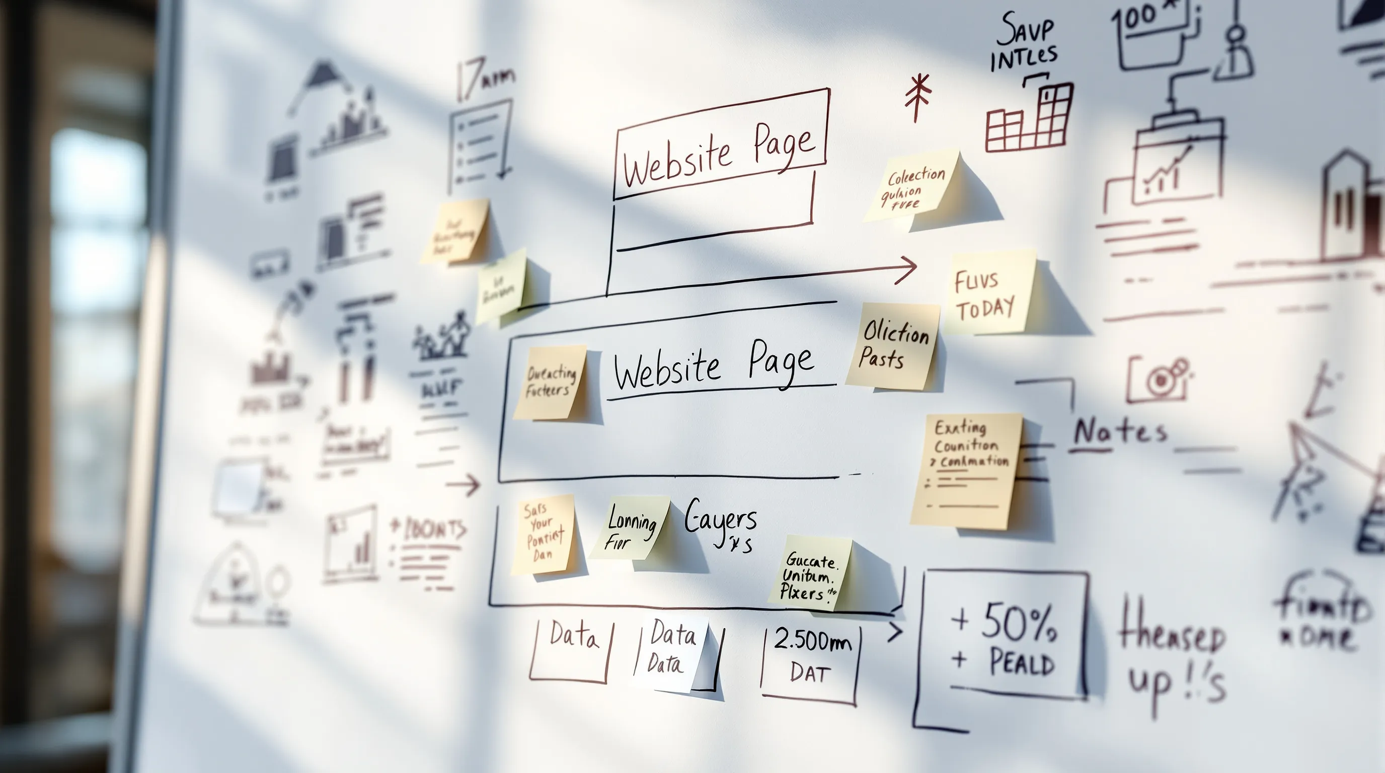 A whiteboard showing a three-tier page-type prioritization framework with annotations and sticky notes