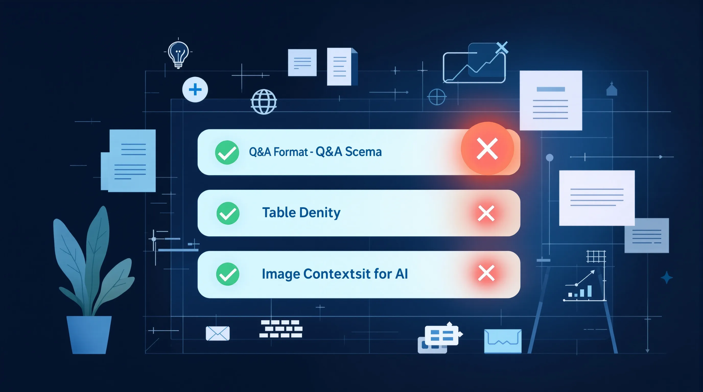 Abstract visualization of a content audit checklist where text criteria are checked green and the Image Context for AI criterion is highlighted red as the most commonly missed step, representing the gap between text-only AEO audits and full-spectrum AI visibility optimization