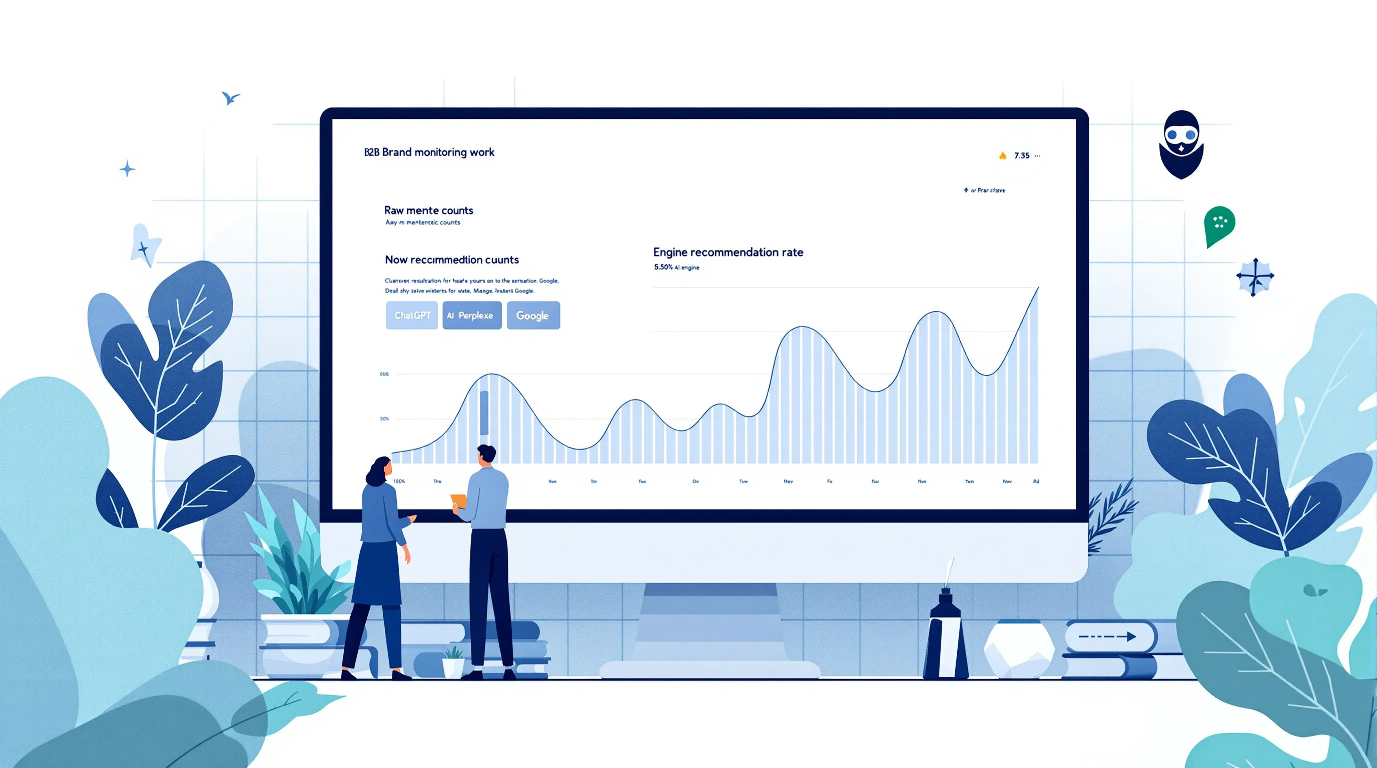 A niche B2B brand monitoring workspace showing a flat, noisy abstract analytical work