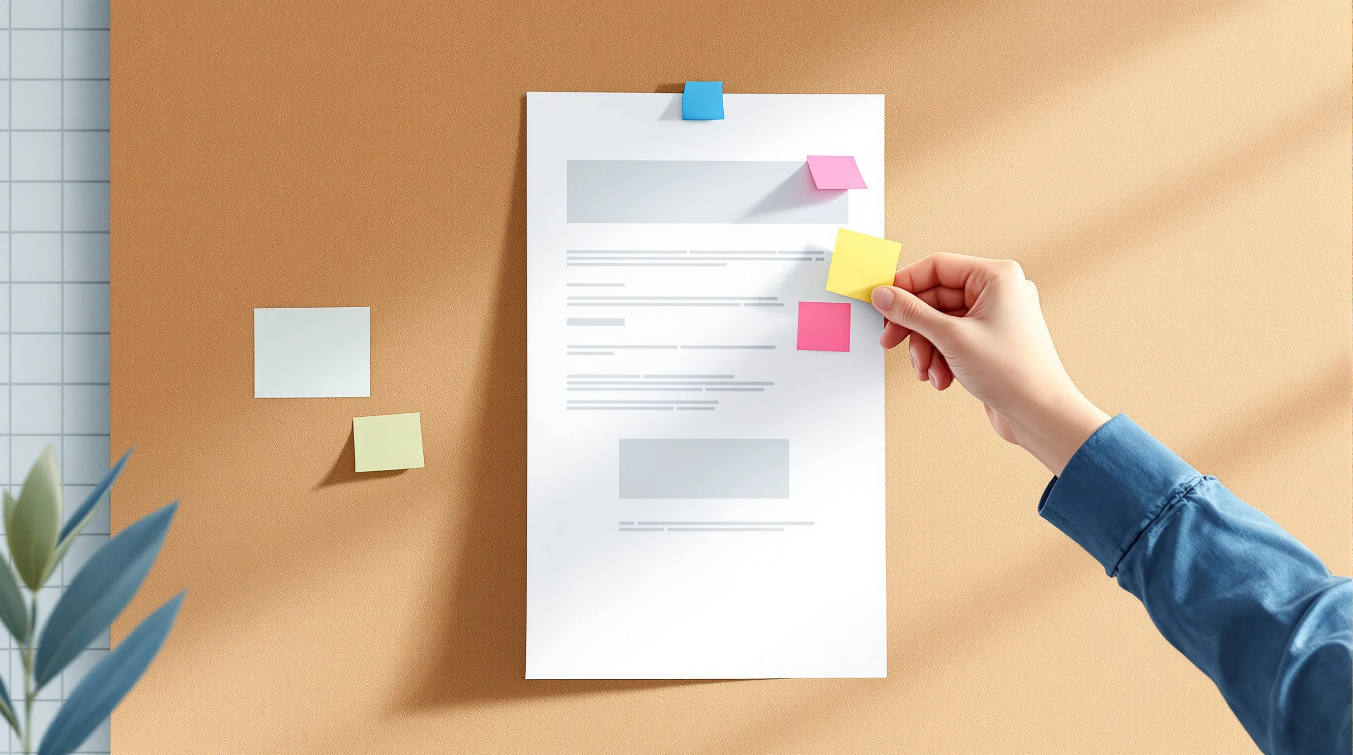 Long web page printout on a cork board with sticky notes clustered in the upper third