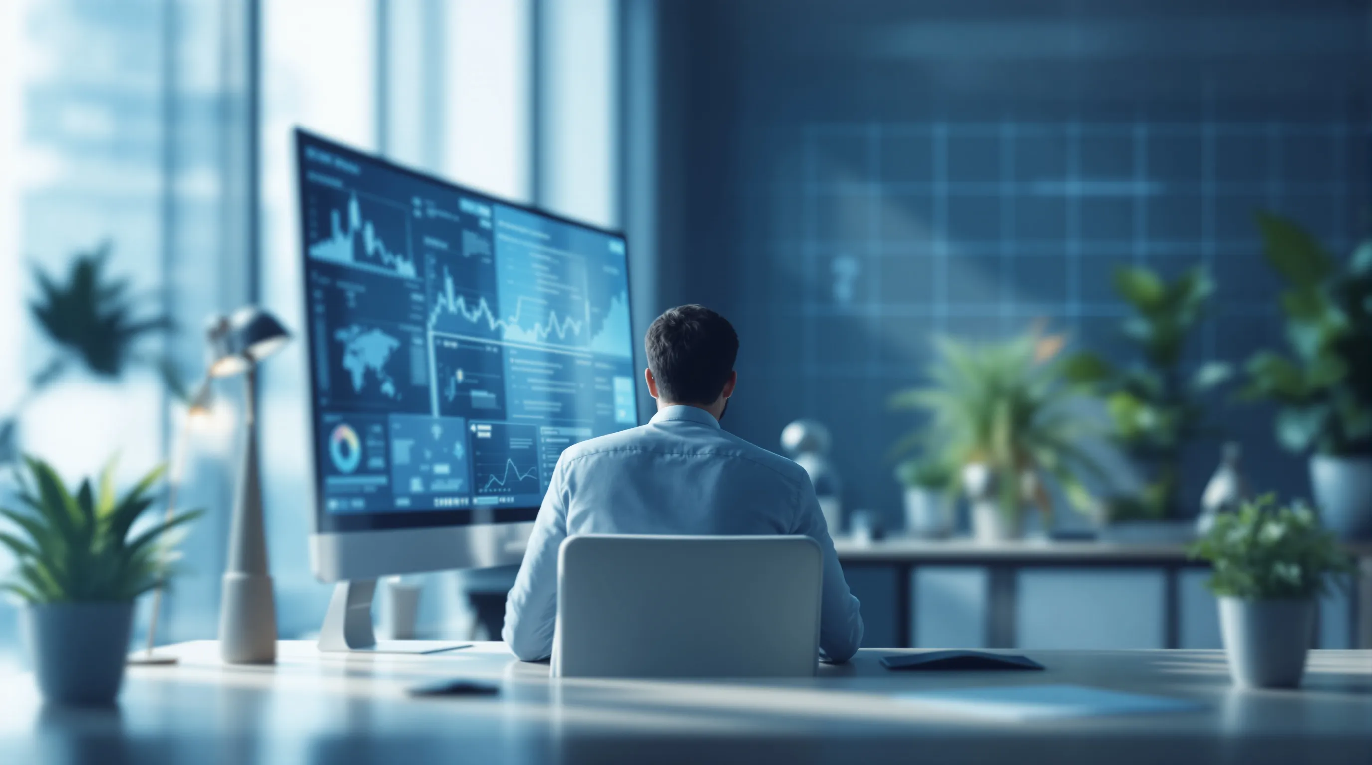 Analyst reviewing multi-engine AI brand audit dashboards showing flagged omission, misattribution, and stale-fact errors across three screens