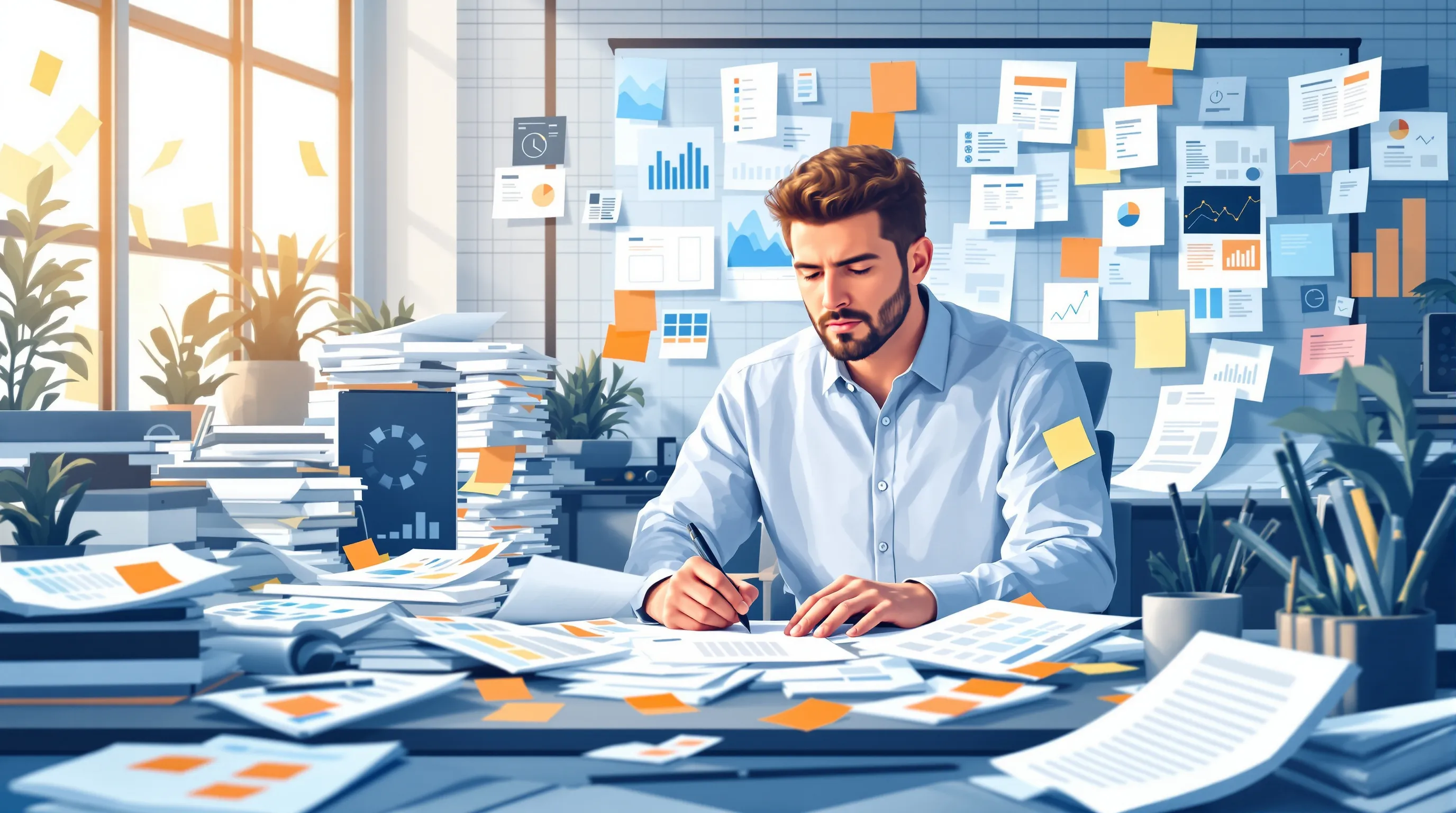 Marketing analyst overwhelmed by manual AEO tracking spreadsheets at a cluttered desk