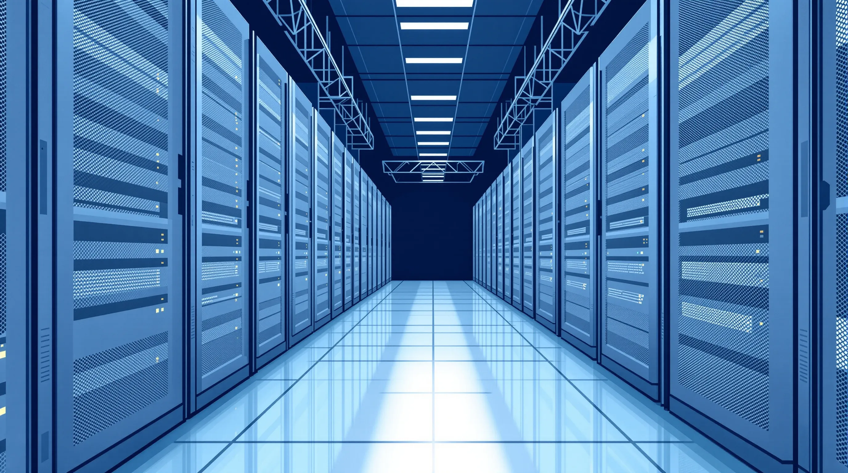 Rack servers with status lights in a dim server room aisle