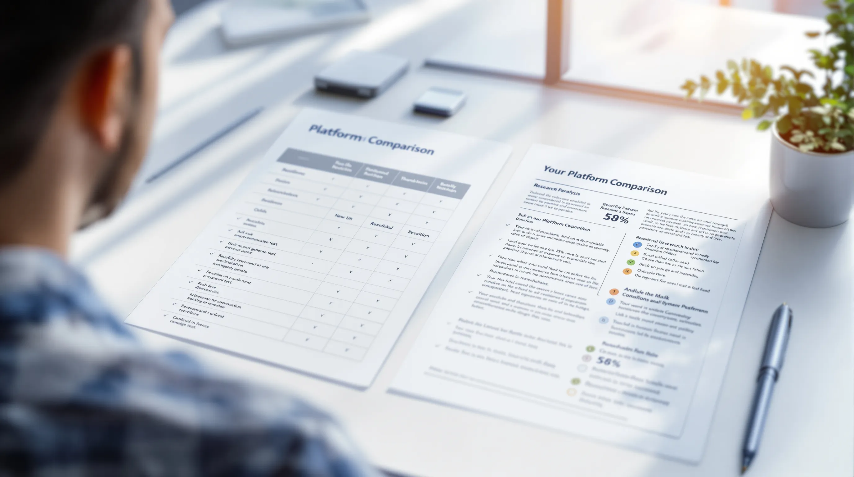 A platform comparison spreadsheet next to a page dense with proprietary data and original benchmarks - illustrating that most companies have a data gap, not a tooling gap