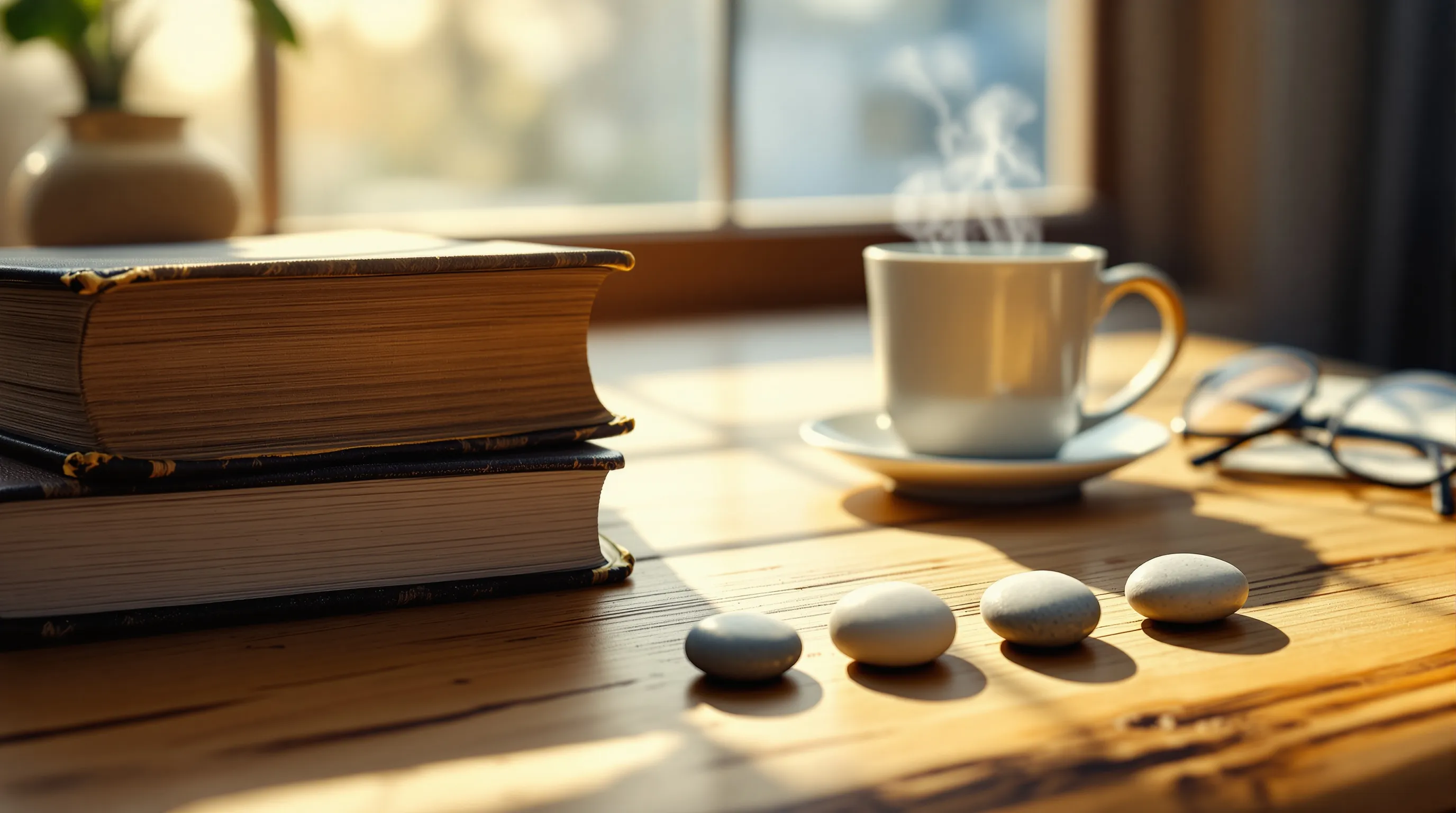 Close-up of a worn wooden desk in soft late-afternoon window light, a brass-nibbed pen resting beside a small stack of weathered leather-bound volumes with frayed spines, a steaming ceramic mug and a pair of round