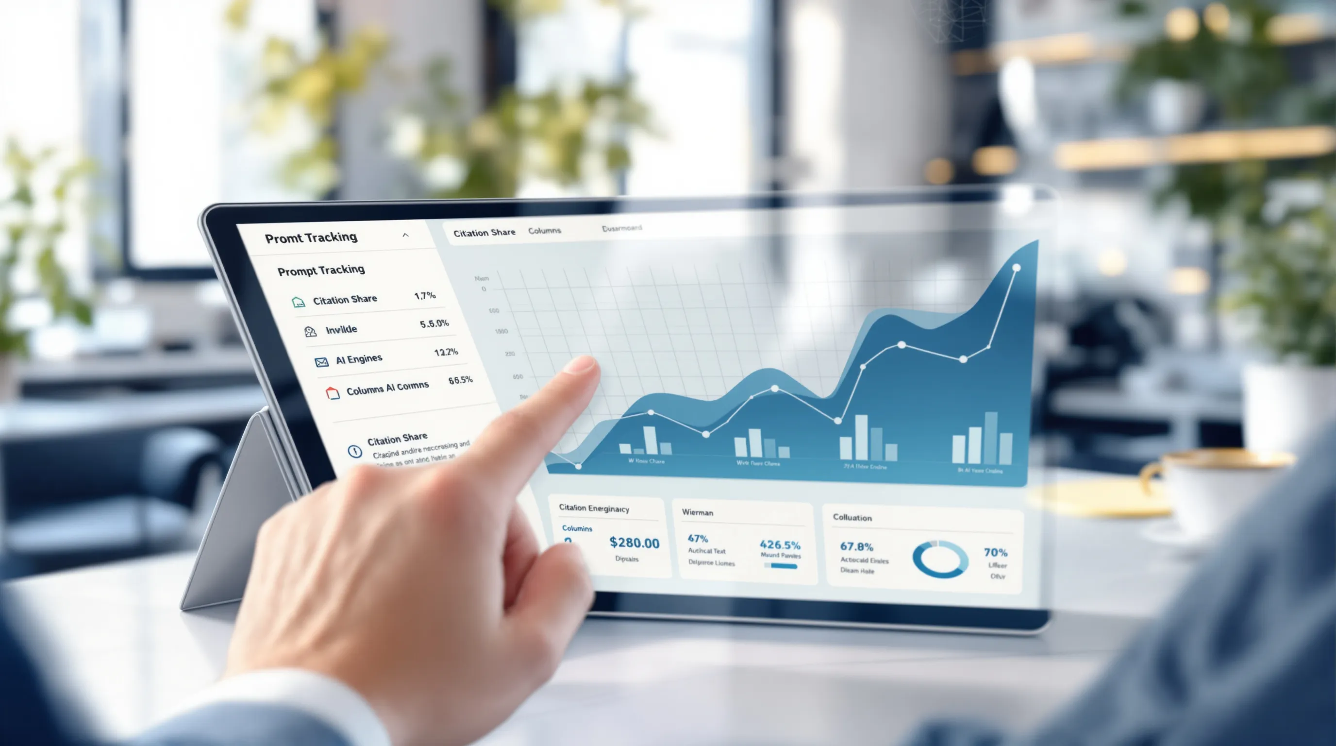 Tablet dashboard tracking citation share trending upward across AI engines