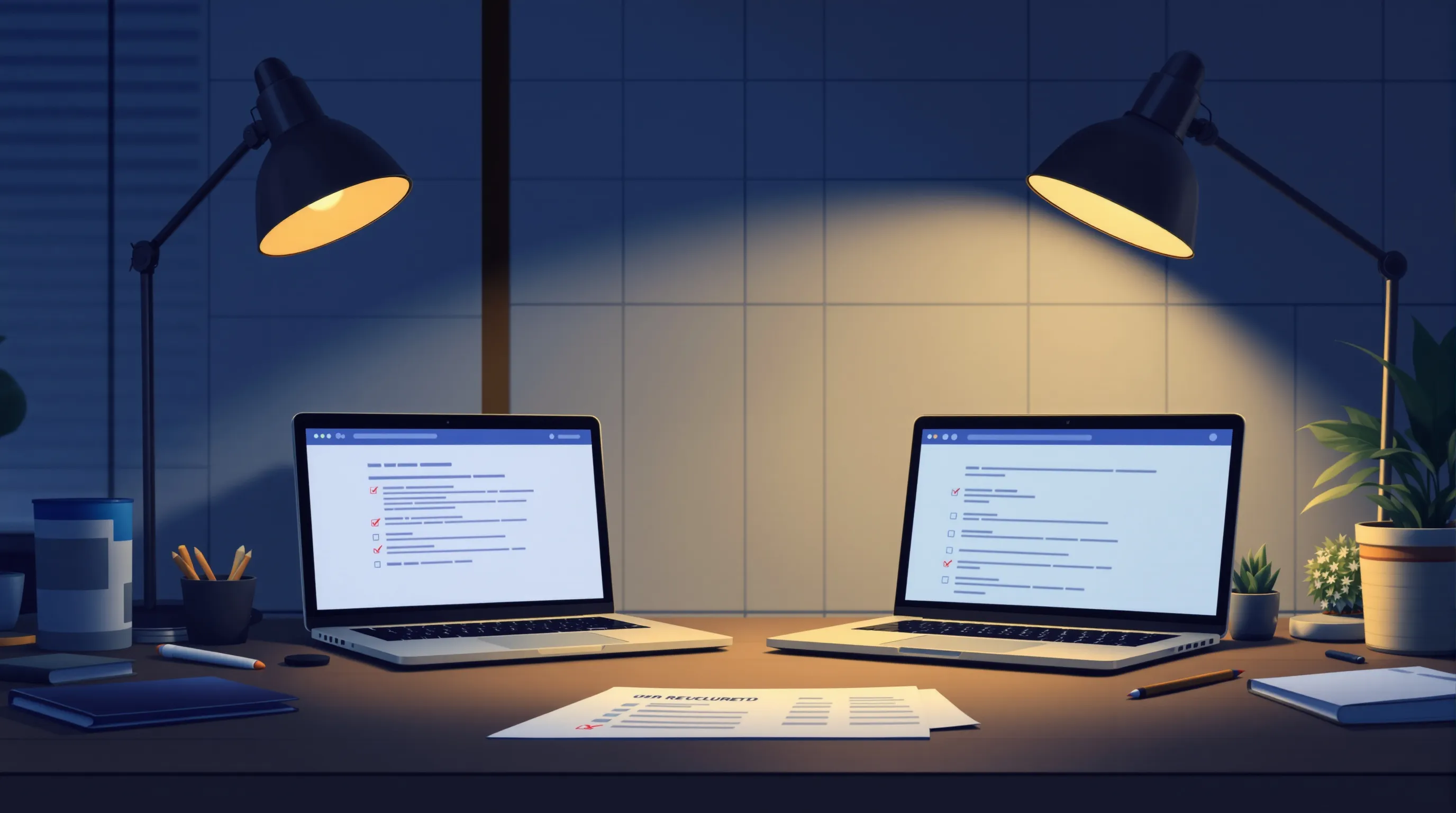 Two laptops comparing an old website with its rebuilt version next to a printed list of URLs being checked off