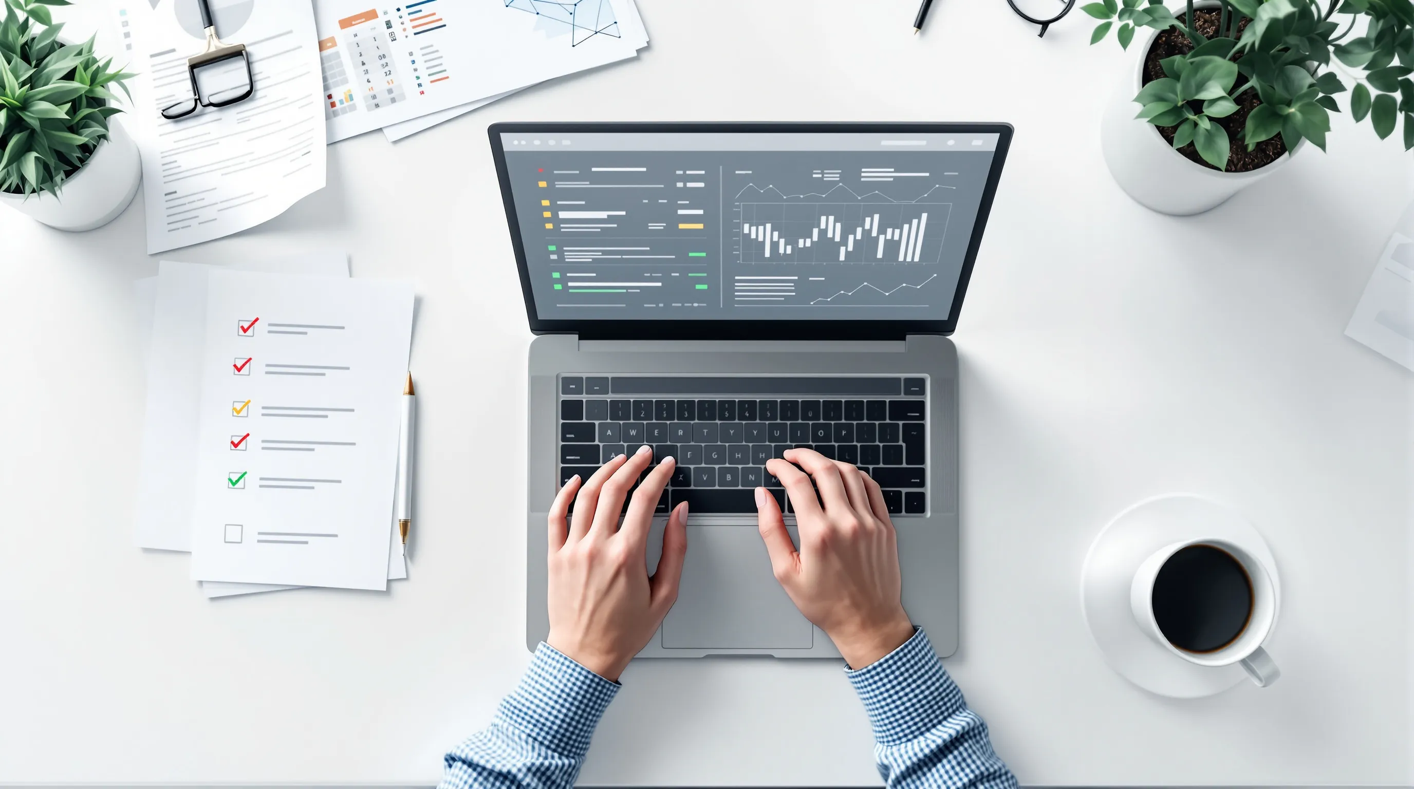Three audit checklists representing omission, misattribution, and stale-fact failure modes laid out on a analyst's desk beside a laptop showing a multi-engine scoring dashboard